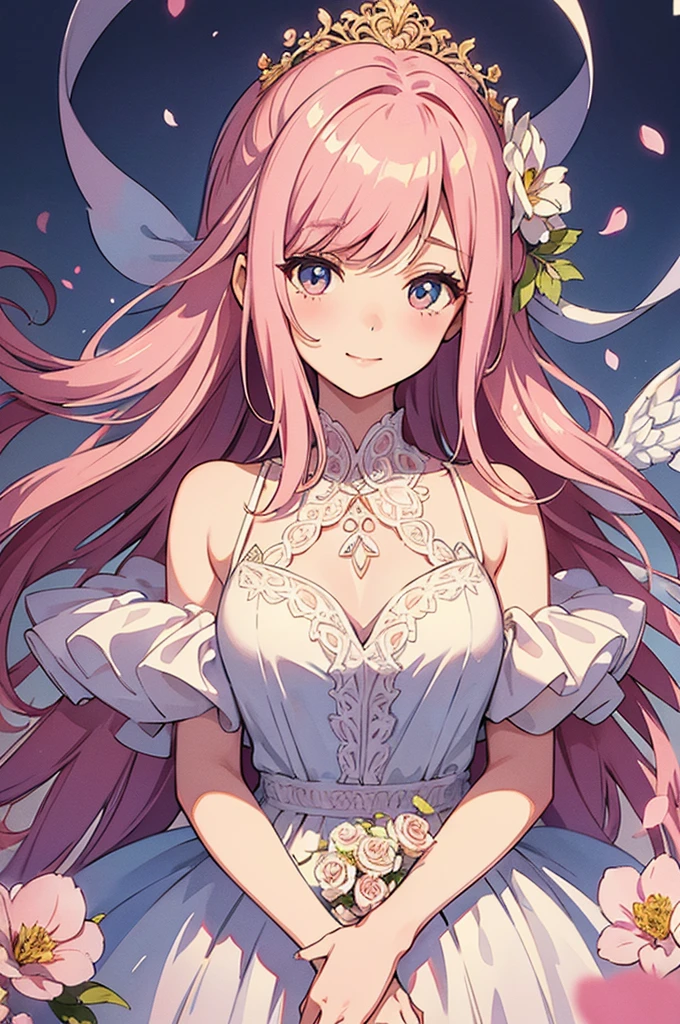 Pale pink color, diagonally above, cute and gentle smile, beautiful girl holding a bouquet of flowers so beautiful that you can't see her hands, beautiful eyes, rich watercolor, colorful, (Delicate details, complex composition: 1.5) (Very Details) Complex configuration: 1.5),