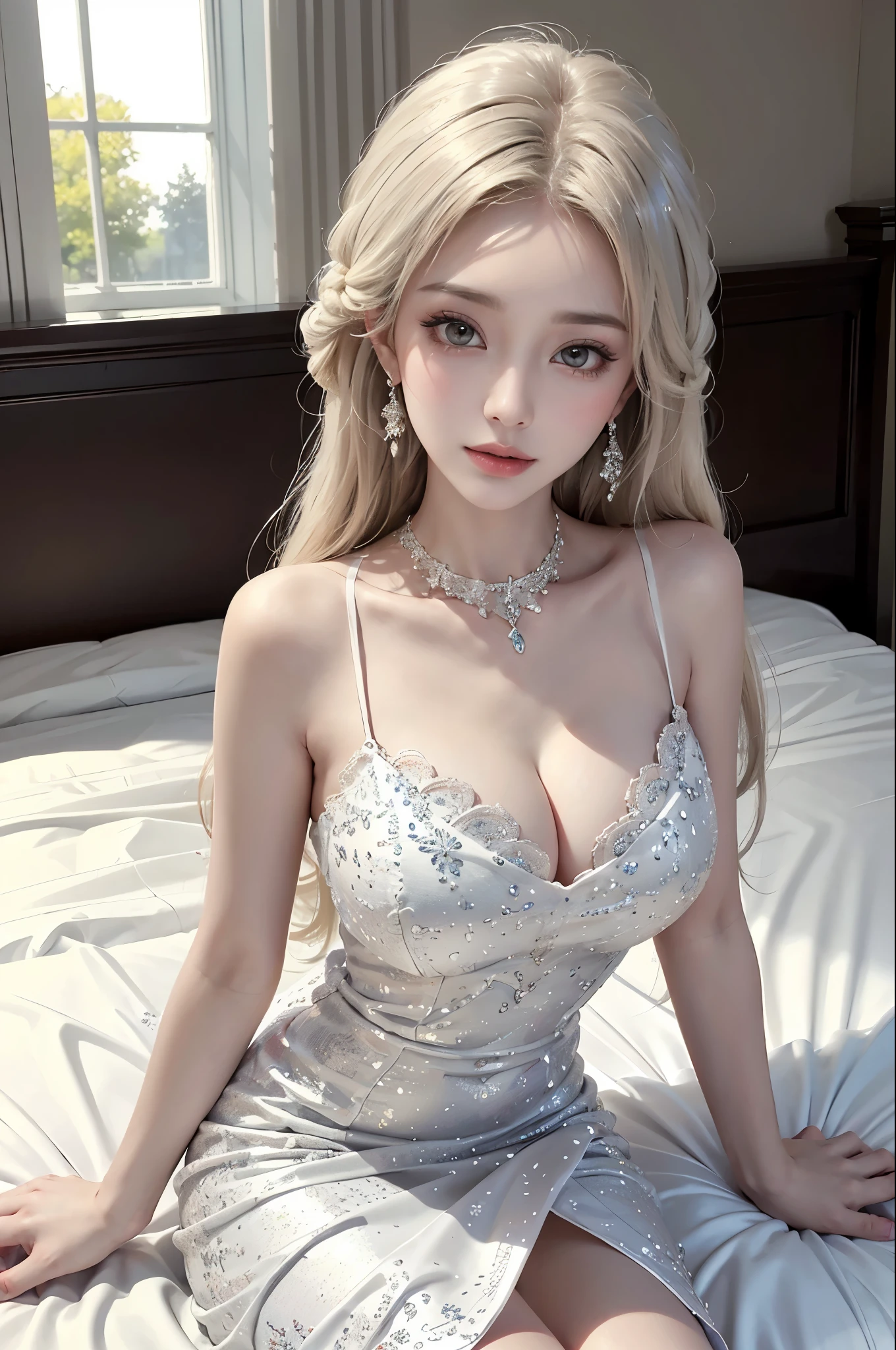 white dress, cleavage, large breasts, Best quality,Ultra-detailed,Realistic,A high resolution,Portrait,Beautiful woman, Palatial bed,ornate bed,Flawless makeup,suns rays,Beauty,elicate and refined,Stunning,