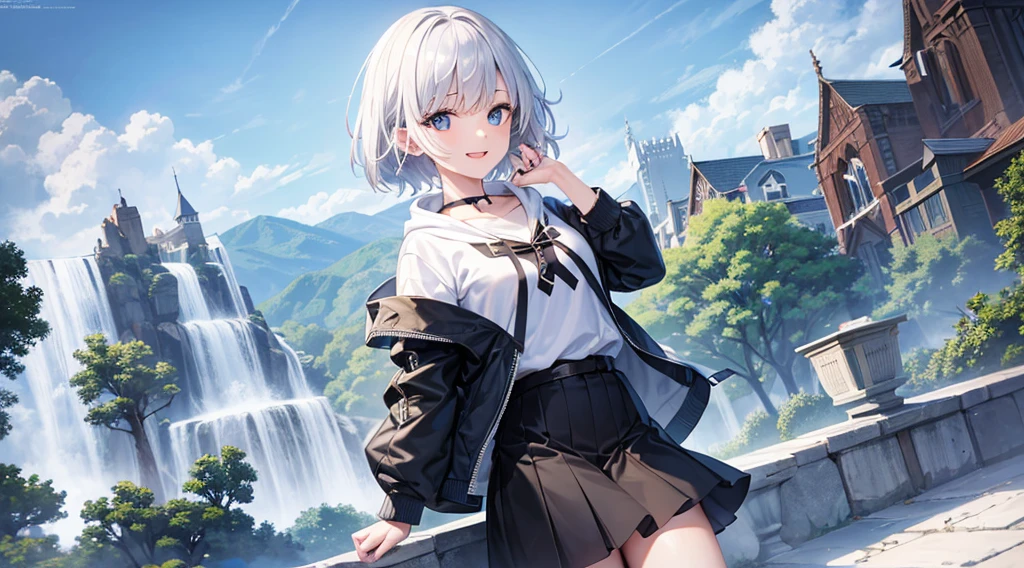 Ultra-high image quality,Look at viewers, hands behind back, girl with, 20 years old, Very short hair, long bangs between eyes, pale blue eyes, Hoodie, Skirt , Extremely detailed,(​masterpiece、top-quality),White hair、A smile、Fantastical, Silver hair, Black eyes,  Hoodie, White hoodie,a black skirt,Hair is short,White jacket, Casual style,Open jacket,  Cowboy Shot、Fluttering hair、a small face、Bright smile、(Detailed face) ,profetional lighting,fantastic landscape,Blue sky, Sunlight,look down from above,portraitures、open open mouth、facing front、fountain in the forest、flower  field、snowscape