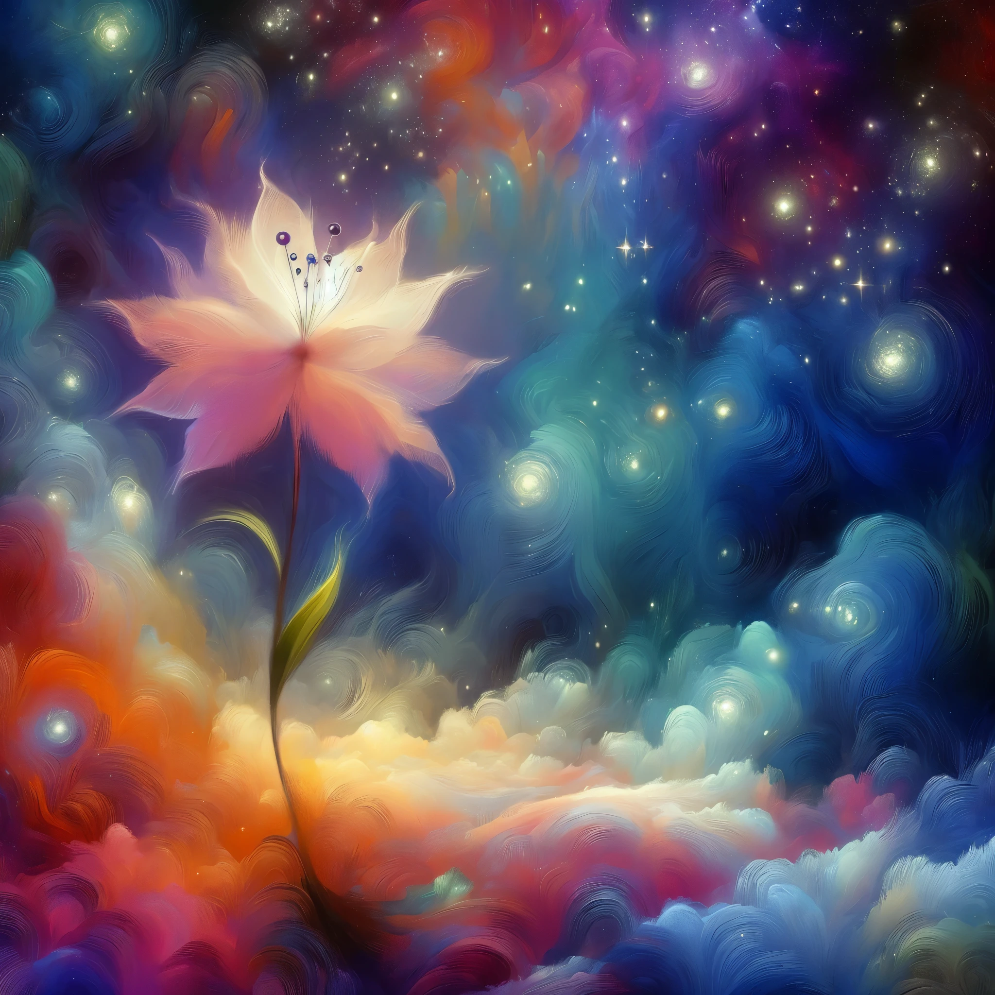 create a (32k masterpiece, best quality:1.4) ((soft pastel illustration)) a magical plant standing ethereal in the cosmic microwave background, a solitary beacon of beauty in the baron blackness of the universe
