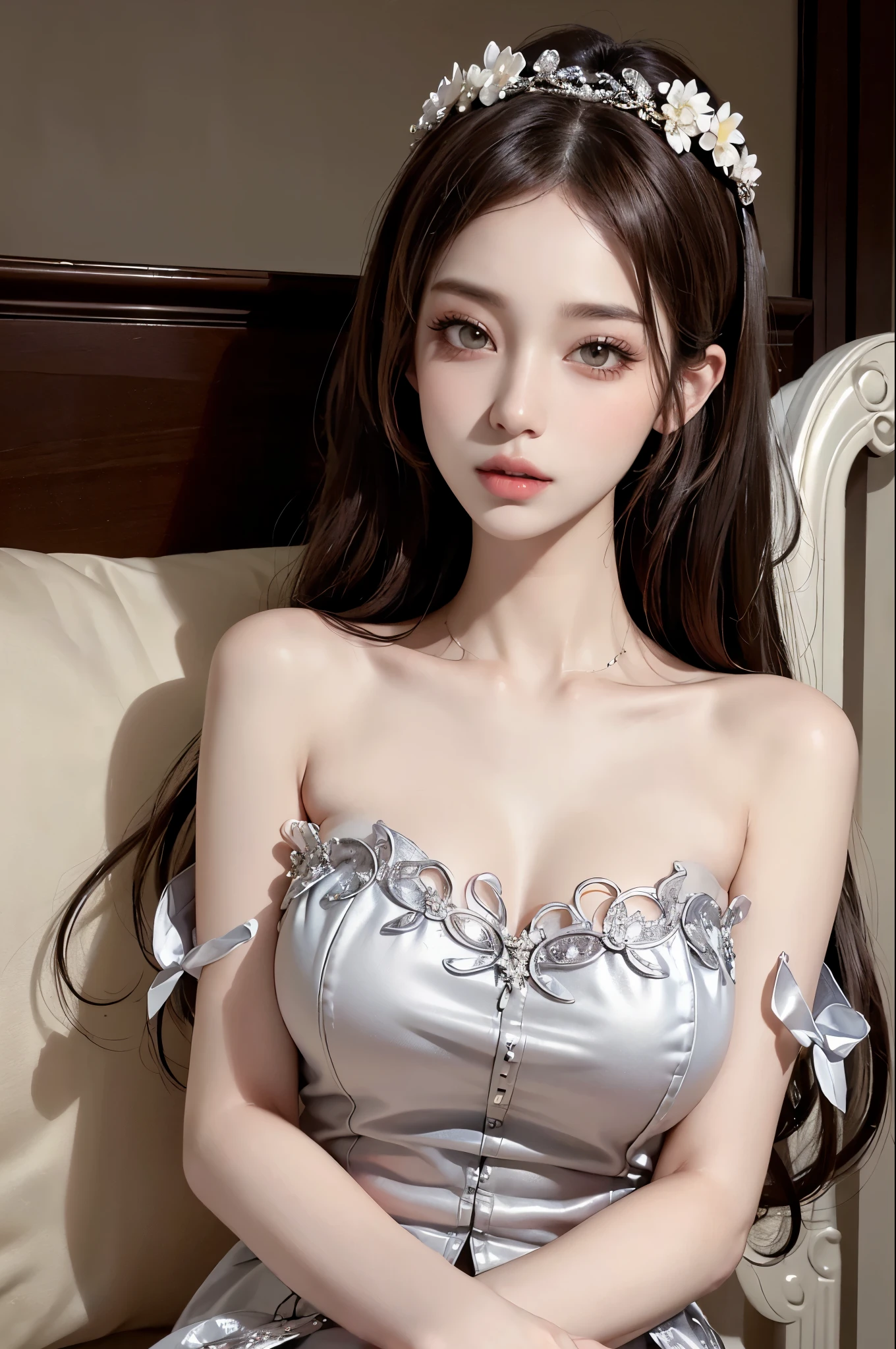 Special clothes34,bare shoulders,shirt, Best quality,Ultra-detailed,Realistic,A high resolution,Portrait,Beautiful woman, Palatial bed,ornate bed,Flawless makeup,suns rays,Beauty,elicate and refined,Stunning,