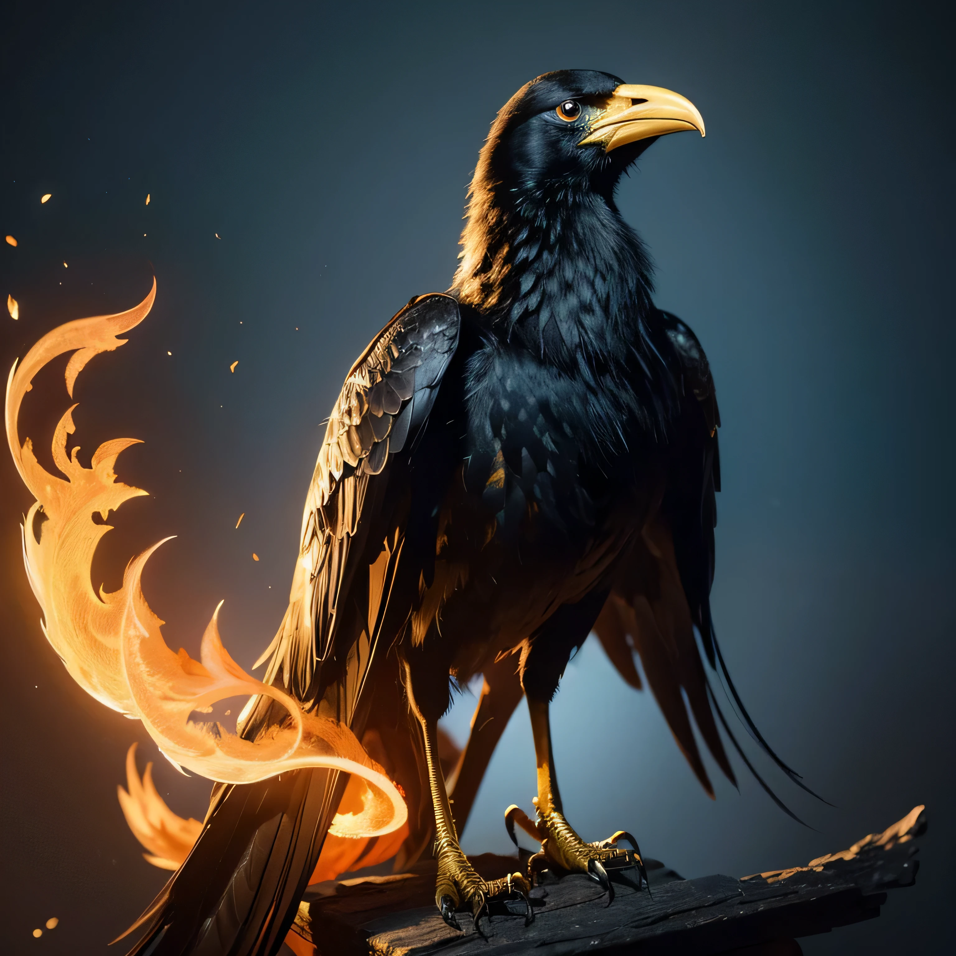 oriental fantasy style,a golden crow,full of golden flames,A highly detailed and intricate depiction of a crow'body,illustratio、4K