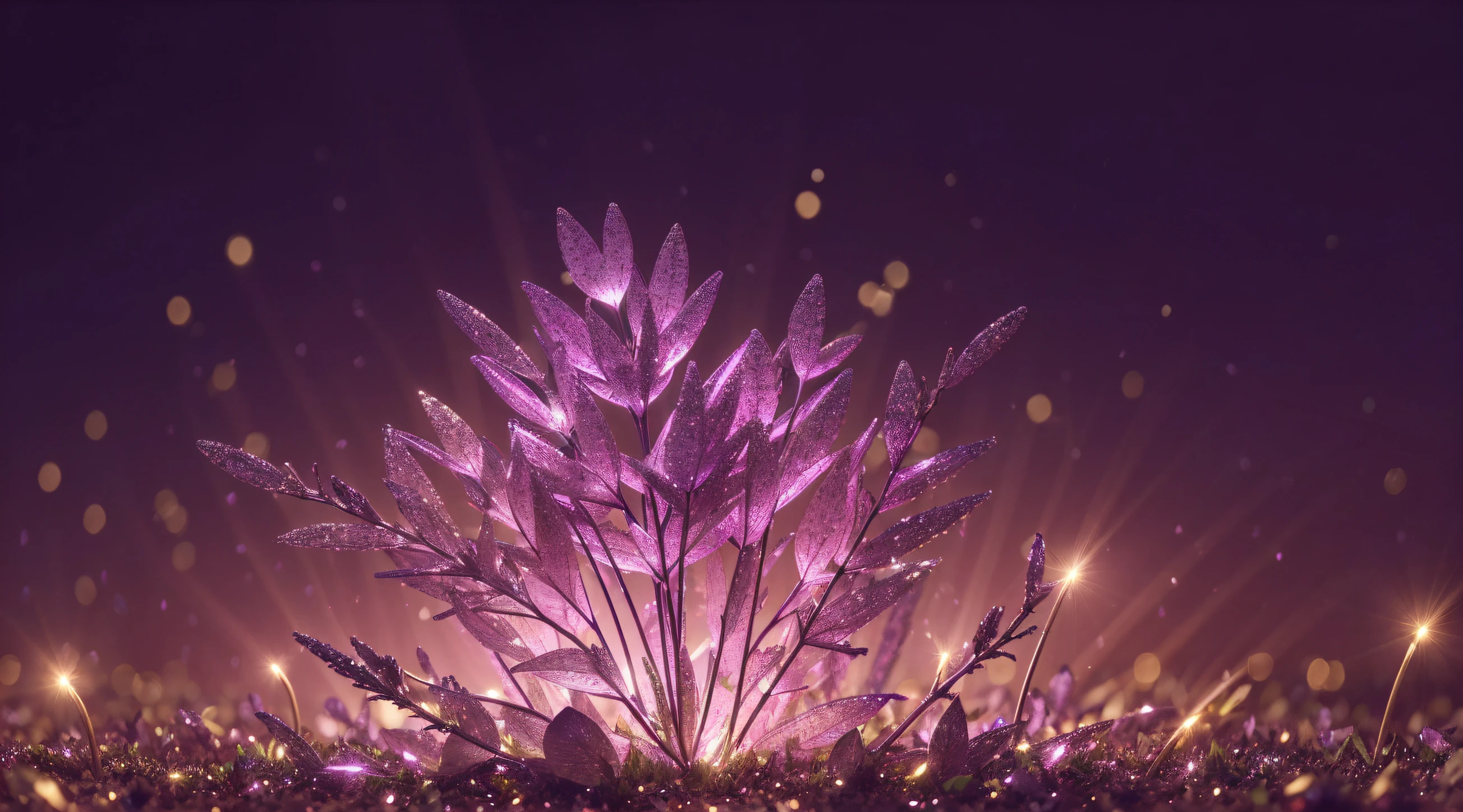 (Best quality,absurdres,masterpeice:1.4), beautifully detailed magical plant, glitter, light bokeh, dynamic downward angle, luminescent aura, ambient lighting, 8k resolution, illustration, pink and purple tetradic colors