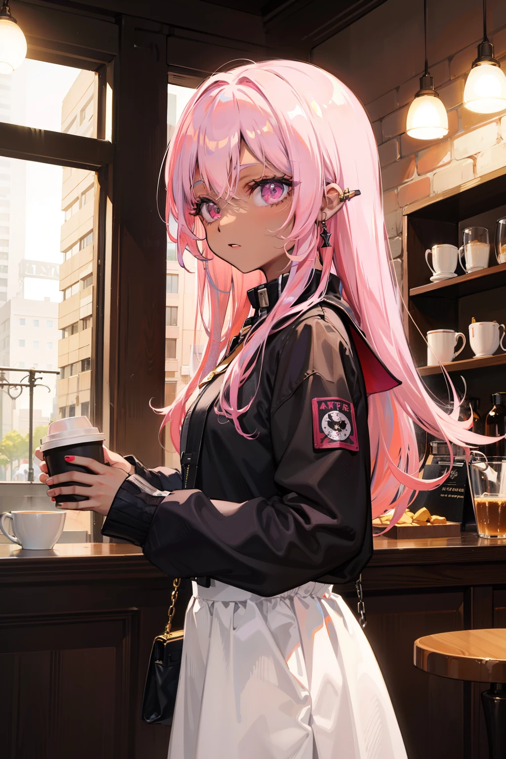 Futuristic girl, Dark skin, a purple eye, the space, Purple colored hair, Blue hair, with pink hair, long whitr hair, Dark skin, Futuristic coffee shop