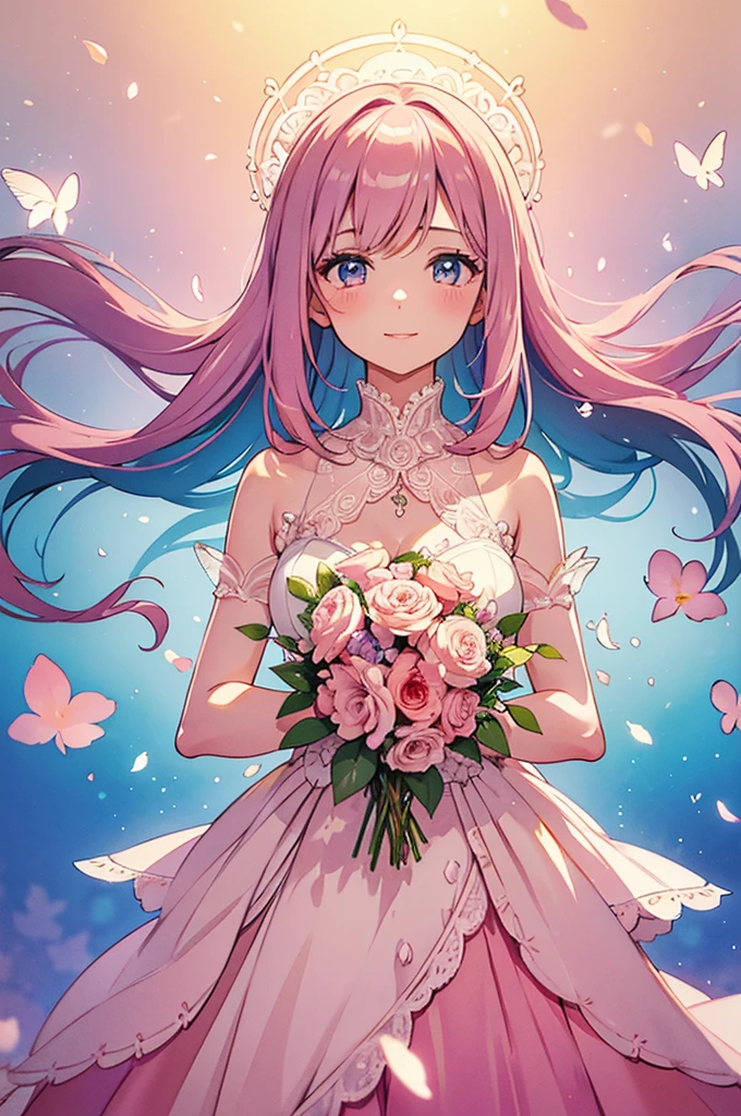 Pale pink color, diagonally above, cute and gentle smile, beautiful girl holding a bouquet of flowers so beautiful that you can't see her hands, beautiful eyes, rich watercolor, colorful, (Delicate details, complex composition: 1.5) (Very Details) Complex configuration: 1.5),