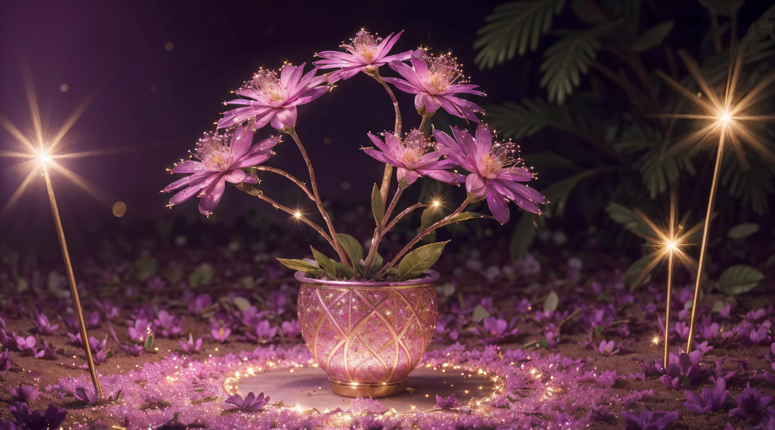 (Best quality,absurdres,masterpeice:1.4), beautifully detailed magical plant, glitter, light bokeh, dynamic downward angle, luminescent aura, ambient lighting, 8k resolution, illustration, pink and purple tetradic colors