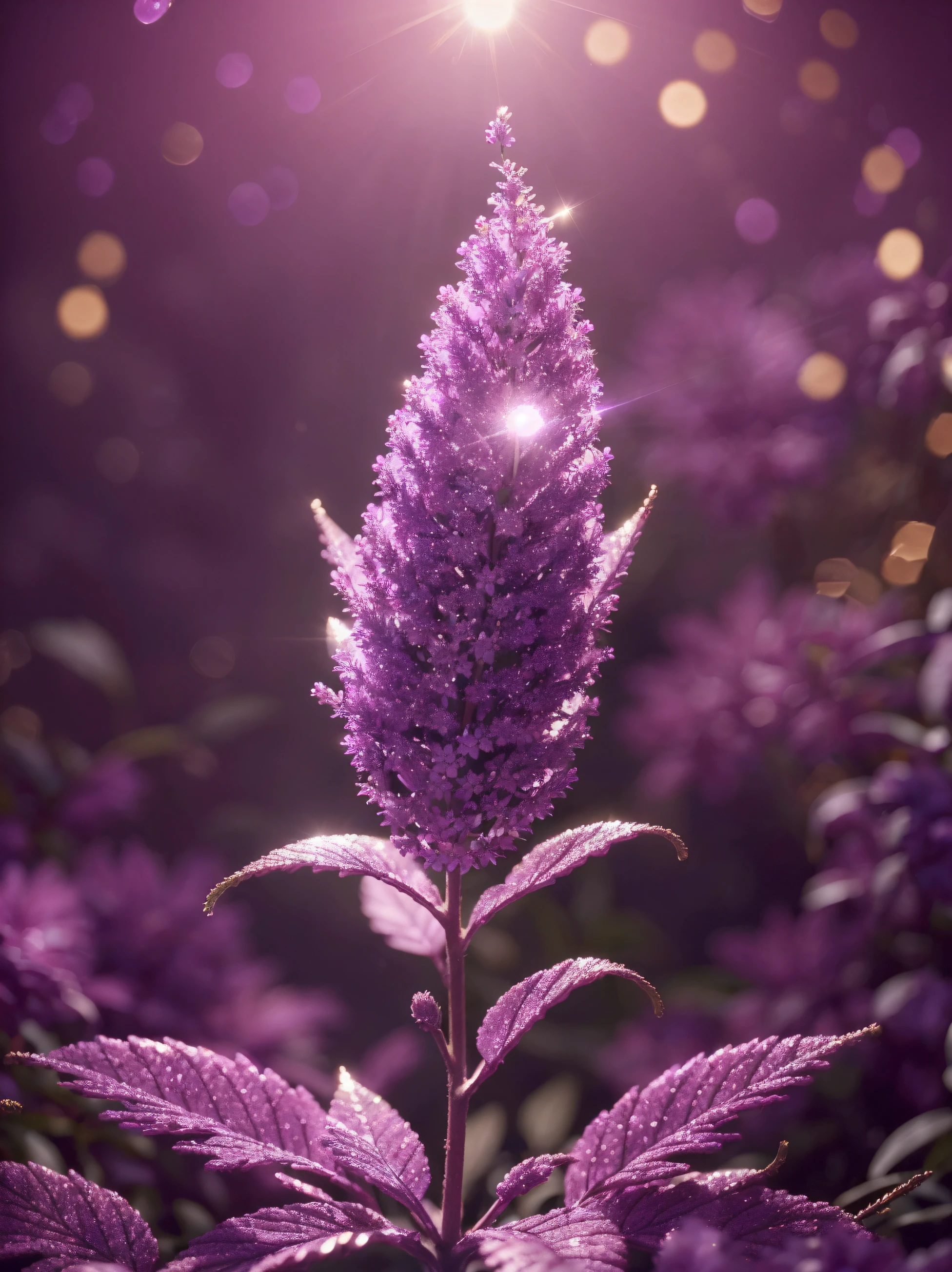 (Best quality,absurdres,masterpeice:1.4), beautifully detailed magical plant, glitter, light bokeh, dynamic downward angle, luminescent aura, ambient lighting, 8k resolution, illustration, pink and purple tetradic colors