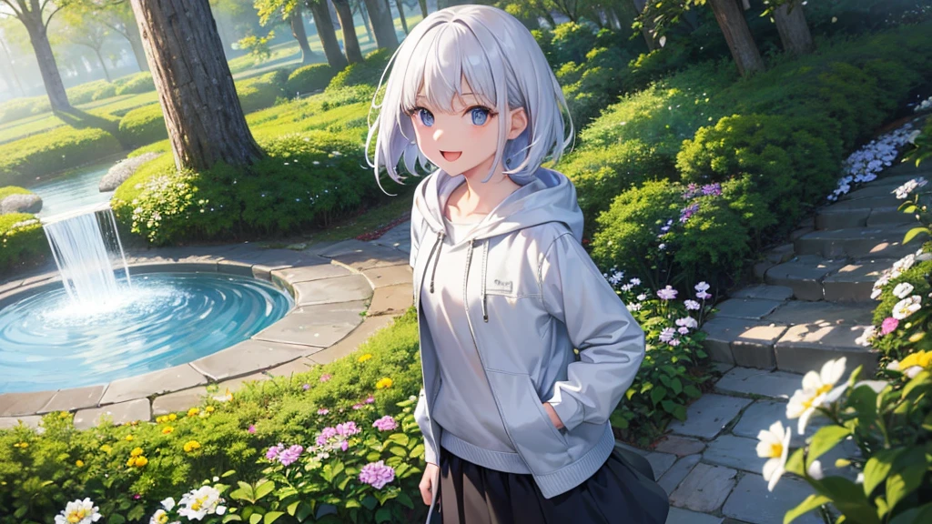 Ultra-high image quality,Look at viewers, hands behind back, girl with, 20 years old, Very short hair, long bangs between eyes, pale blue eyes, Hoodie, Skirt , Extremely detailed,(​masterpiece、top-quality),White hair、A smile、Fantastical, Silver hair, Black eyes,  Hoodie, White hoodie,a black skirt,Hair is short,White jacket, Casual style,Open jacket,  Cowboy Shot、Fluttering hair、a small face、Bright smile、(Detailed face) ,profetional lighting,fantastic landscape,Blue sky, Sunlight,look down from above,portraitures、open open mouth、facing front、fountain in the forest、flower  field、anime eyes