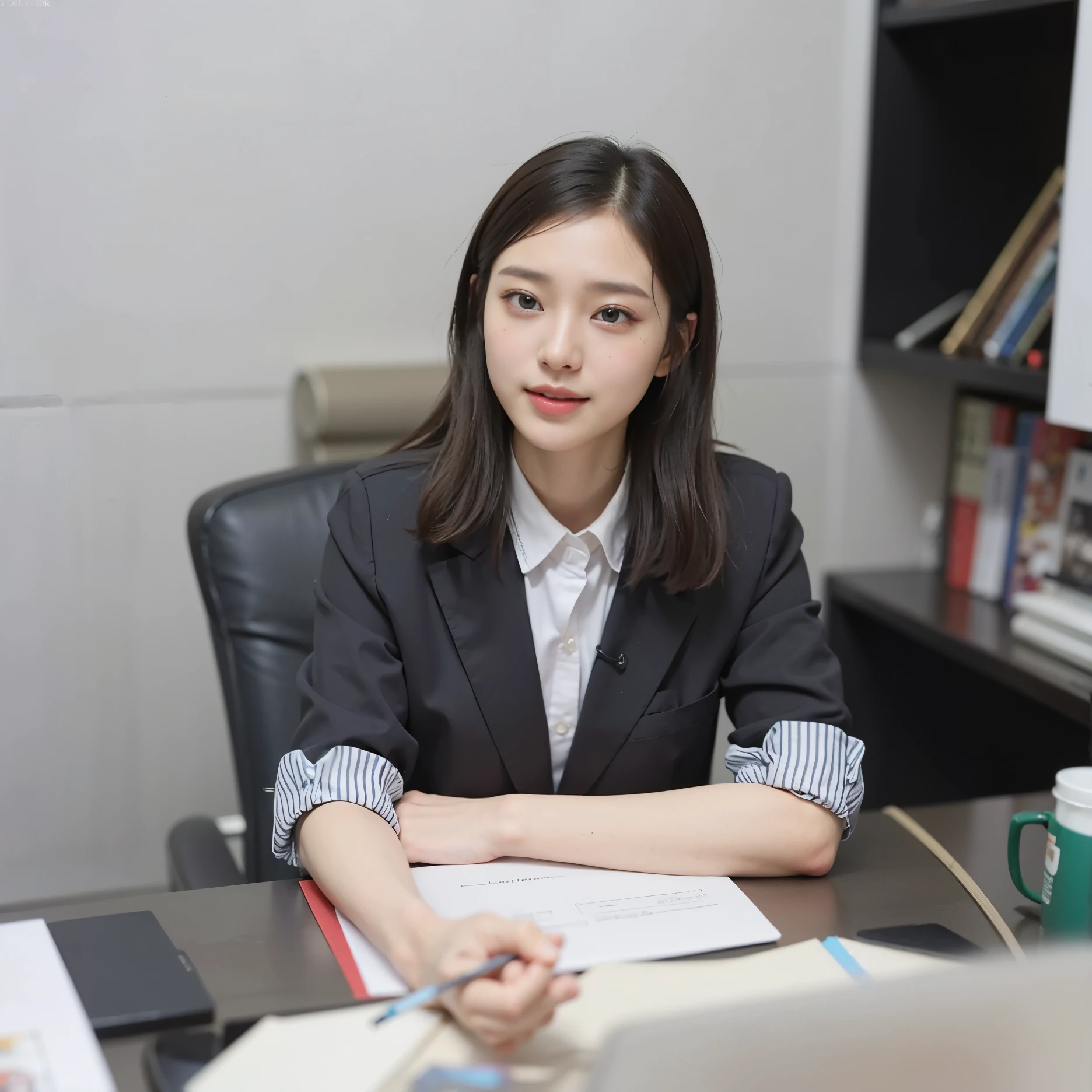 Wearing a formal black suit,A woman is,white collar,elite,Interview, ,face to the viewer,white shirt, Detailed pubic hair、(8K、Original photography、quality、masseter membrane:1.2)、ultra - detailed、Hyper-Resolution、(actual、real photograph:1.37)、Potrat、High Definition RAW Color Photography、professional photoshooting、hThe content is very detailed and beautiful、The content is very detailed、8K picture wallpaper、Amazingly detailed、Larger file size、offcial art、The content is very detailed CG Unity 8K wallpapers、shut your mouth and smile、art museum
