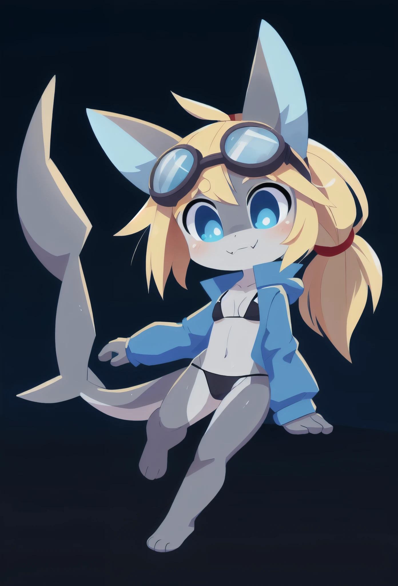 Shark girl, anthro, young, cute hair, long ponytail, blonde hair, blue eyes, medium breasts, detailed body, furry ears, shark nose, ((blue jacket, open clothes, black micro bikini)), masterpiece, looking at you, two tone body skin, gray body skin, clear gray body skin, detailed face, detailed eyes, detailed body, perfect lighting, perfect shadows, perfect eyes, perfect hair, perfect face, gorgeous body, detailed hands, glistering body, shiny body, spectacular effect, goggles, fangs, :3, full body, feets whit three toes, simple background, white background, transparent background,