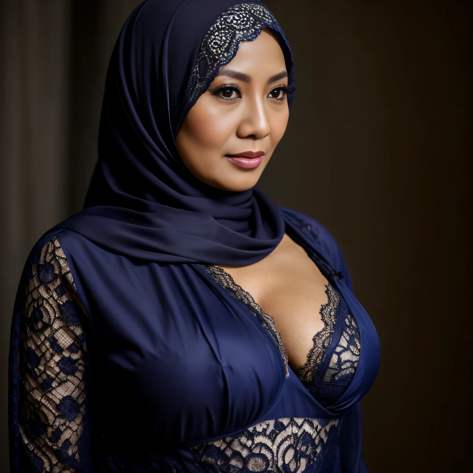 52 years Old, Hijab Indonesian mature woman, Large Tits : 96.9, Lace Baju Kurung, Slim body, Breast about To burst out, at Studio Photo, Dark light, at NightTime