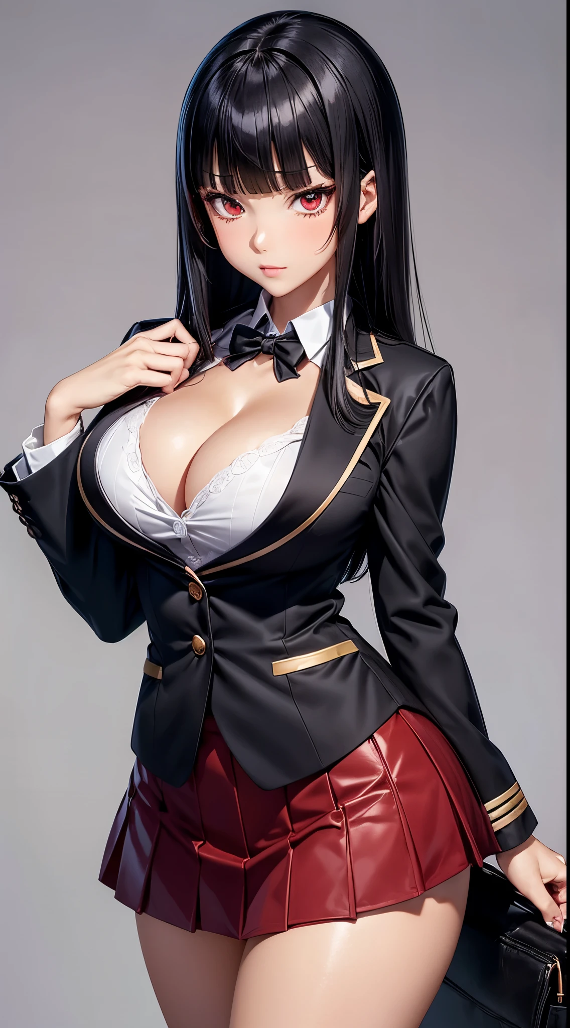 ((Best Quality)), ((masutepiece)), (Detailed), (highlight), Perfect face　Young girl with detailed face showing cleavage、Red eyes and long, thick, glossy, beautiful black hair with blunt bangs、Single-color background、Standing student council president wearing blazer and miniskirt school uniform