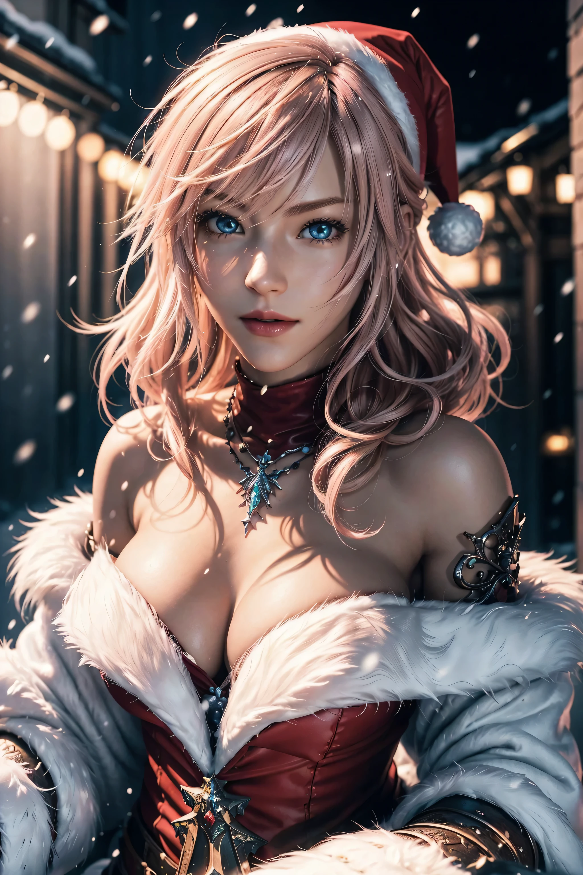 The best piece,Artistically beautiful,Lightning,Final Fantasy 13,FF1 pink blonde,Medium Hair,Light permed hair,Curly hair on one side,Letting down your bangs,A beautiful Blue eyes,beautiful and high nose,santa costume,Santa's Hat,christmas armor,christmas sword,Santa Claus's coat,Use blizzard magic,Photorealsitic,An ultra-high picture quality,hightquality,masterpiece,Digital SLR,Detailed details,Intricate details,Based on anatomical grounds,Depicted in detail,Detailed face,realistic skin textures,Vivid details,perfect anatomia,perfect anatomia,Anatomically correct hand,Anatomically correct fingers,Super Detail,Complex 3D Rendering,Colossal tits(hiding breast),sexy pose,bright red claws,beautiful christmas,final fantasy cityscape,Fantasy worldview,Gorgeous Christmas Tree,white Christmas,neon color,Beautiful cityscape,mysterious snow scene,It's snowing,,Picturesque beauty,Photograph the whole body,9 head body,Red Lip,Beautiful curly hair,Luxurious necklace,emphasize the beautiful whole body,Beautiful nails,A smile,