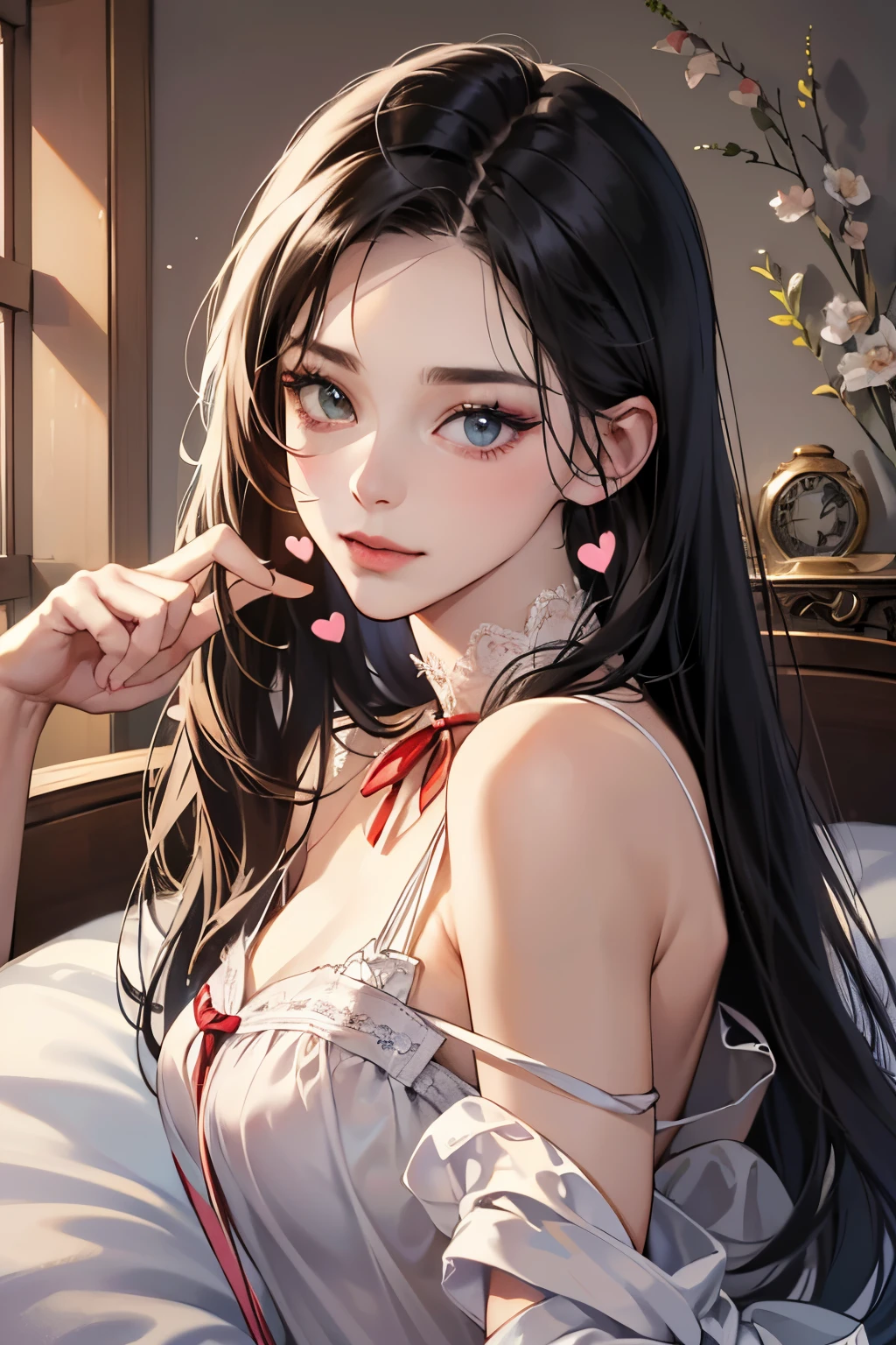 Sexy woman, blushing hard, red makeup, hands pinned to the side, lying on bed, head on pillow, facing up, pinned, playful turned sexy, mouth parted, eyes looking at lips, very sexy and hot, figure, loose t shirt, midriff, abs