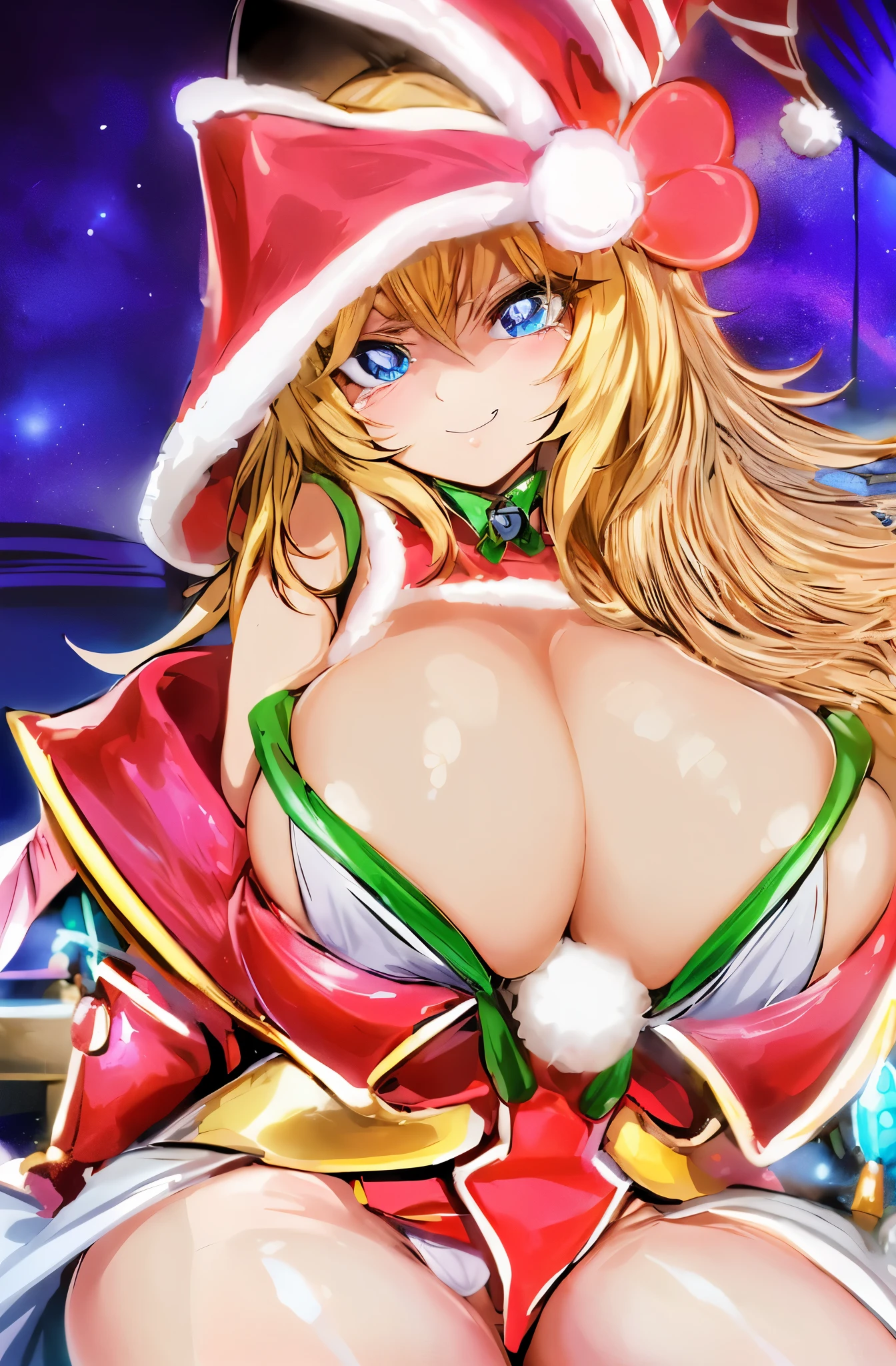 Big boo and big breasted anime girl wearing Santa hat, oppai, Lori, biomechanical oppai, small curvy loli, Ecchi, v from devil may cry as an elf, In pixiv, Black Magician Girl, white asuka suit under clothes!, zerochan art, pixiv swimwear、very long blonde girl、blue eyed girl、Solo、rating:safe、White bikini swimsuit、Colossal tits、Girls with very large breasts、Navel、Thigh_the gap、day、Jewelry、up looking_で_viewer、star material、cleavage、Girl with half a hair、cowboys_shot、Water、tree、shiny、shiny_skin、top on pixiv、Teary-eyed、😭、Looks chagrined