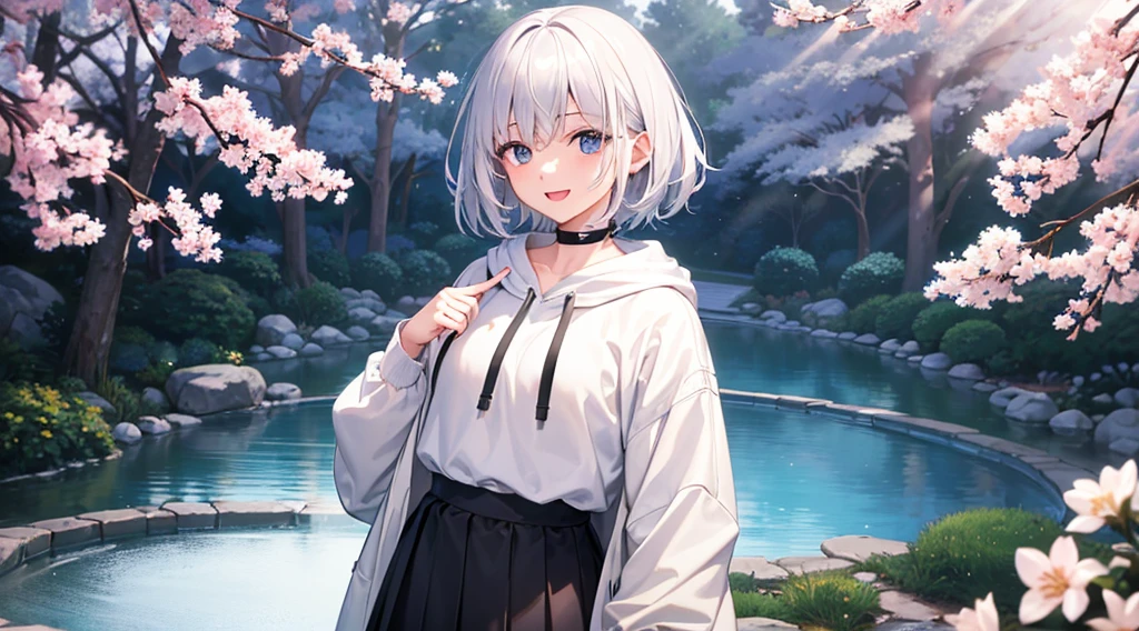 Ultra-high image quality,Look at viewers, hands behind back, girl with, 20 years old, Very short hair, long bangs between eyes, pale blue eyes, Hoodie, Skirt , Extremely detailed,(​masterpiece、top-quality),White hair、A smile、Fantastical, Silver hair, Black eyes,  Hoodie, White hoodie,a black skirt,Hair is short,White jacket, Casual style,Open jacket,  Cowboy Shot、Fluttering hair、a small face、Bright smile、(Detailed face) ,profetional lighting,fantastic landscape,Blue sky, Sunlight,look down from above,portraitures、open open mouth、facing front、fountain in the forest、flower  field、Upper body only、cherry blossoms falling