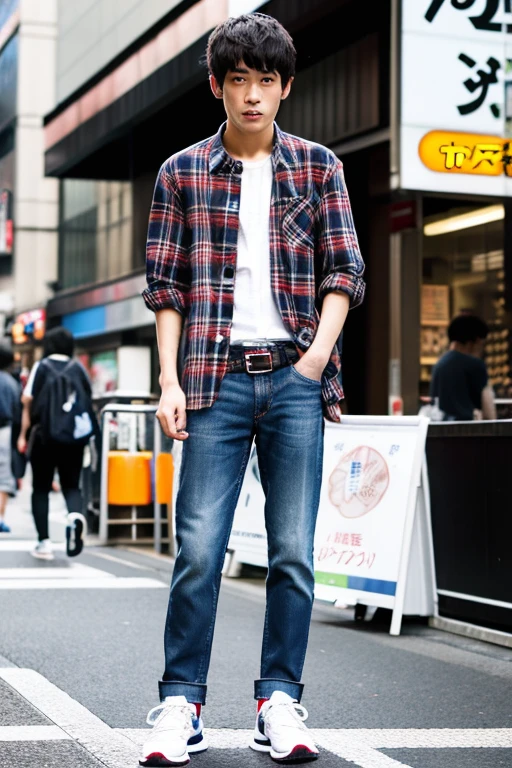 ugly Japanese boy wearing a close all the buttons on a dull-colored plaid shirt, jeans, a cloth belt, and sports shoes standing position in Akihabara.