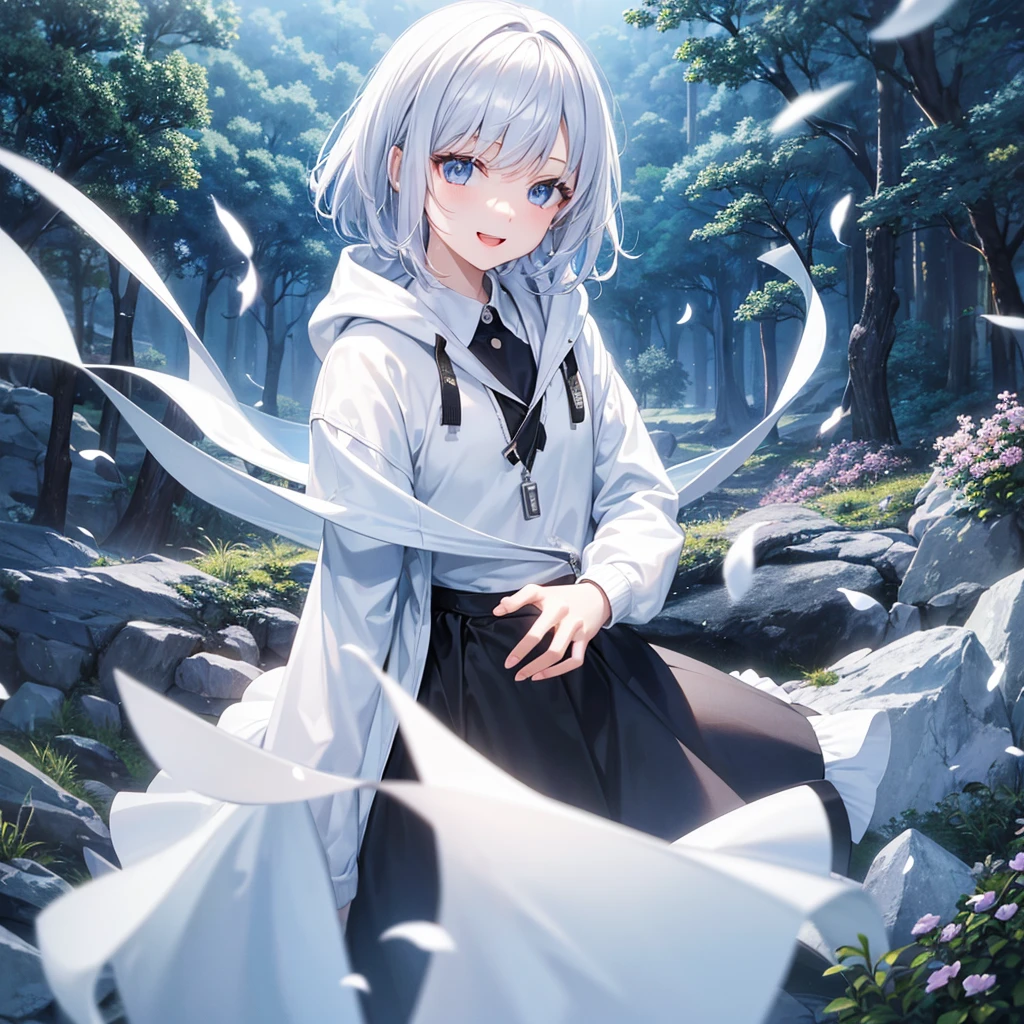 Ultra-high image quality,Look at viewers, hands behind back, girl with, 20 years old, Very short hair, long bangs between eyes, pale blue eyes, Hoodie, Skirt , Extremely detailed,(​masterpiece、top-quality),White hair、A smile、Fantastical, Silver hair, Black eyes,  Hoodie, White hoodie,a black skirt,Hair is short,White jacket, Casual style,Open jacket,  Cowboy Shot、Fluttering hair、a small face、Bright smile、(Detailed face) ,profetional lighting,fantastic landscape,Blue sky, Sunlight,look down from above,portraitures、open open mouth、fountain in the forest、flower  field