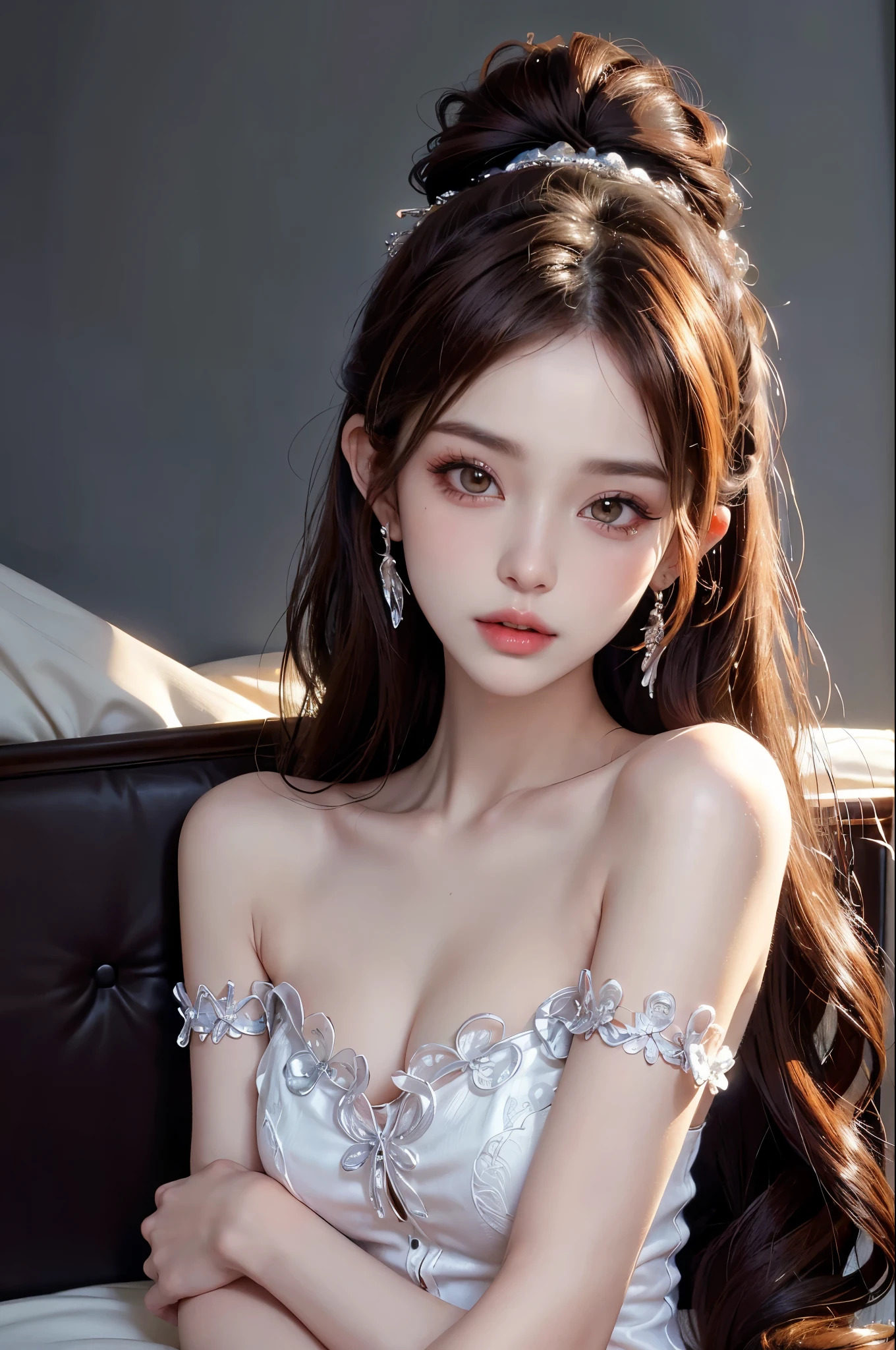 Special clothes34,bare shoulders,shirt, Best quality,Ultra-detailed,Realistic,A high resolution,Portrait,Beautiful woman, Palatial bed,ornate bed,Flawless makeup,suns rays,Beauty,elicate and refined,Stunning,