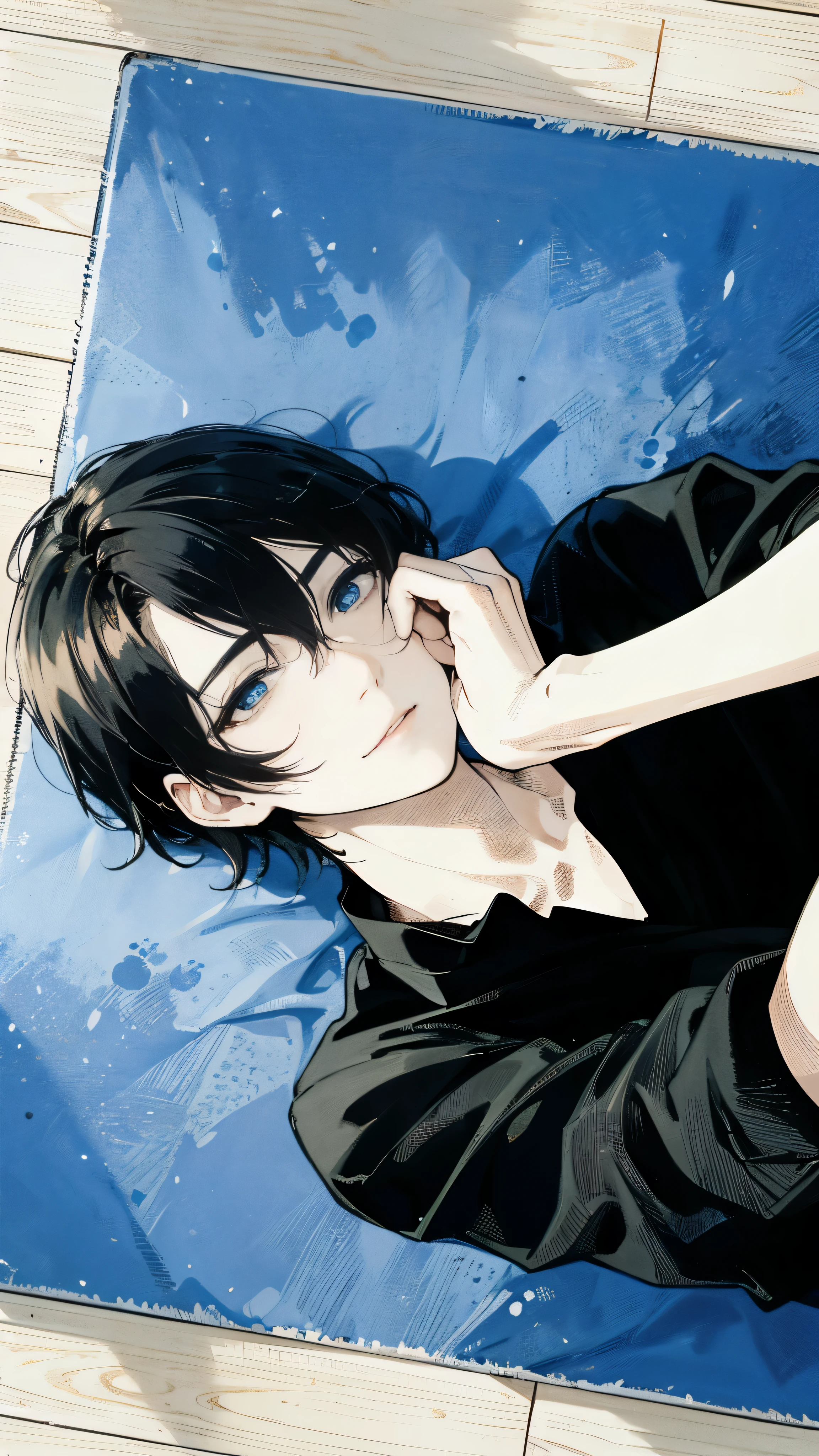 People with black hair, lying on the blue carpet, Wearing a black shirt, Bend one arm and place your hand under your chin, staring directly into camera, serene expressions, Soft lighting, Relaxed posture.