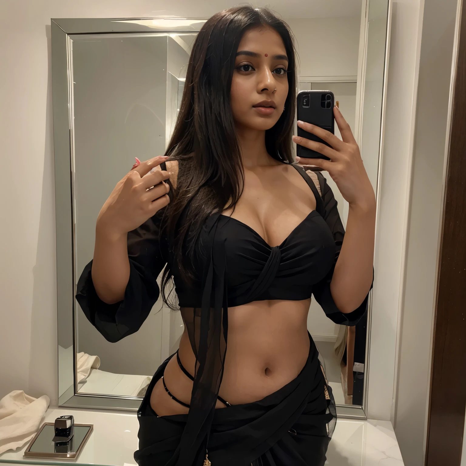 Beautiful girl, straight hair,,in a black saree,on a bed, Sleevless,sweaty armpits,navel piercing,makeup, lipstick,sweat dripping,full body,oily armpits,