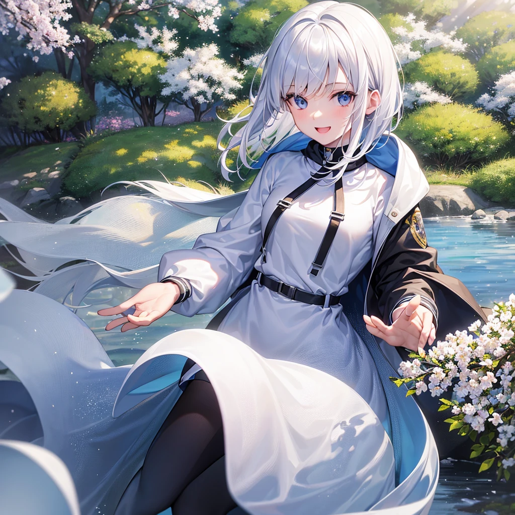 Ultra-high image quality,Look at viewers, hands behind back, girl with, 20 years old, Very short hair, long bangs between eyes, pale blue eyes, Hoodie, Skirt , Extremely detailed,(masterpiece、top-quality),White hair、A smile、Fantastical, Silver hair, Black eyes, Hoodie, White hoodie,a black skirt,Hair is short,White jacket, Casual style,Open jacket, Cowboy Shot、Fluttering hair、a small face、Bright smile、(Detailed face) ,profetional lighting,fantastic landscape,Blue sky, Sunlight,look down from above,portraitures、open open mouth、facing front、fountain in the forest、flower field、Upper body only、cherry blossoms falling