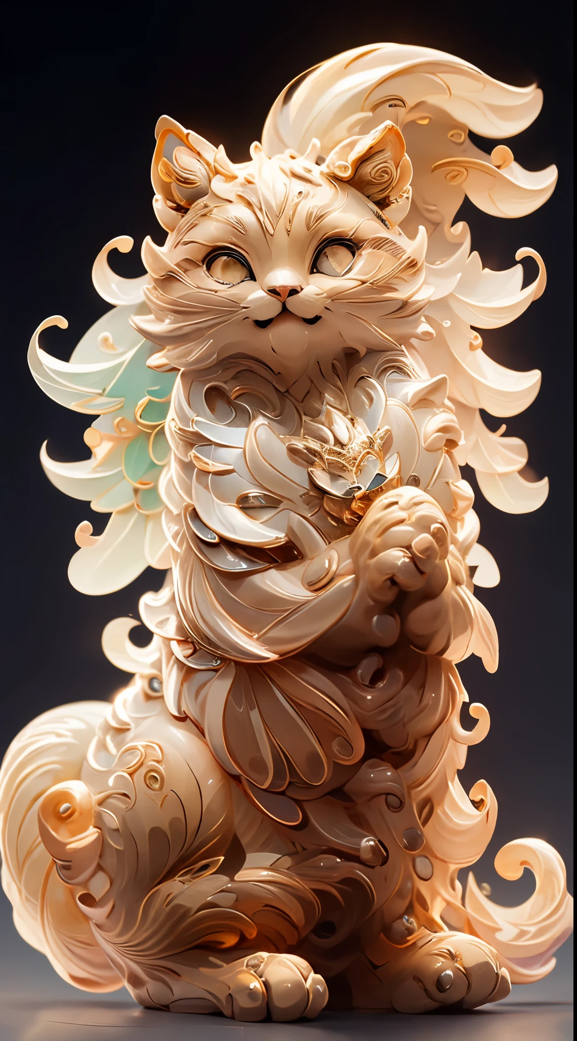 in the shape of a cat,Bling background,dream colors,Transparent statue,flower eyes,golden colored,with her mouth open,smilingly,tmasterpiece,(Best quality:1.3), Full body lesbian,insult_long