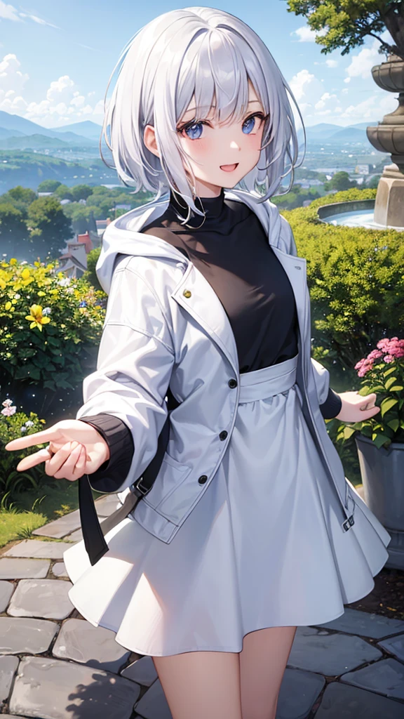 Ultra-high image quality,Look at viewers, hands behind back, girl with, 20 years old, Very short hair, long bangs between eyes, pale blue eyes, Hoodie, Skirt , Extremely detailed,(masterpiece、top-quality),White hair、A smile、Fantastical, Silver hair, Black eyes, Hoodie, White hoodie,a black skirt,Hair is short,White jacket, Casual style,Open jacket, Cowboy Shot、Fluttering hair、a small face、Bright smile、(Detailed face) ,profetional lighting,fantastic landscape,Blue sky, Sunlight,look down from above,portraitures、open open mouth、fountain in the forest、flower field