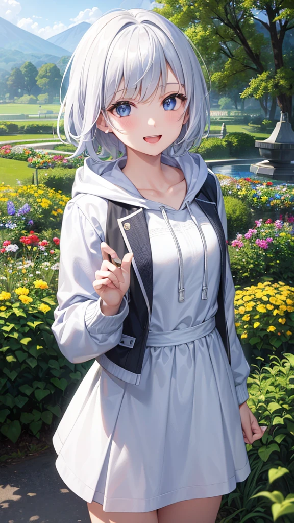 Ultra-high image quality,Look at viewers, hands behind back, girl with, 20 years old, Very short hair, long bangs between eyes, pale blue eyes, Hoodie, Skirt , Extremely detailed,(masterpiece、top-quality),White hair、A smile、Fantastical, Silver hair, Black eyes, Hoodie, White hoodie,a black skirt,Hair is short,White jacket, Casual style,Open jacket, Cowboy Shot、Fluttering hair、a small face、Bright smile、(Detailed face) ,profetional lighting,fantastic landscape,Blue sky, Sunlight,look down from above,portraitures、open open mouth、fountain in the forest、flower field