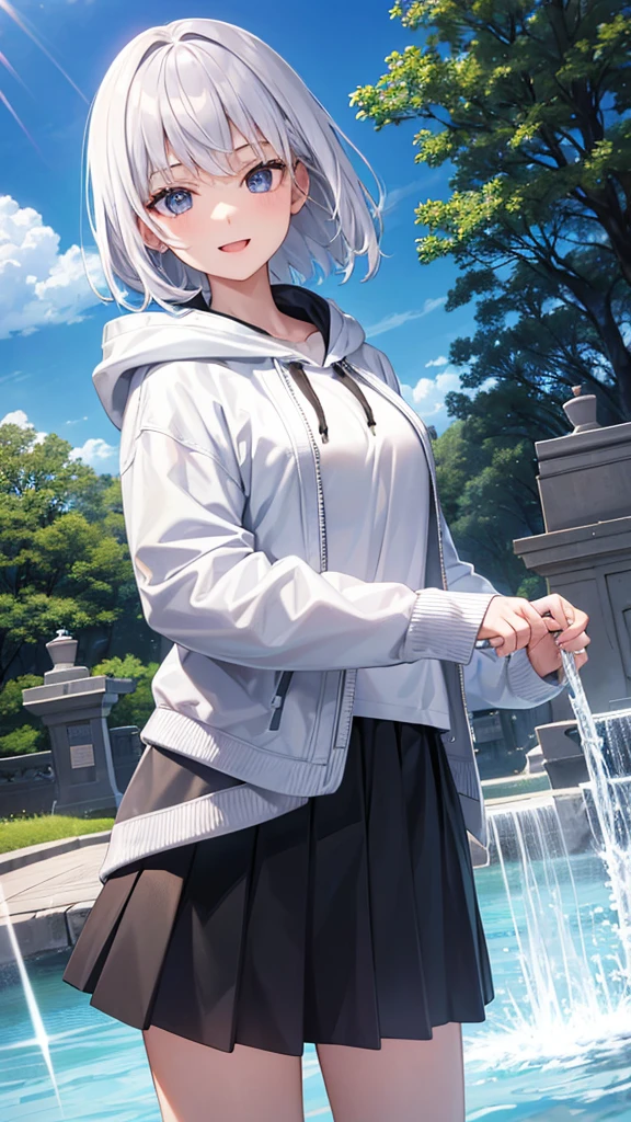 Ultra-high image quality,Look at viewers, hands behind back, girl with, 20 years old, Very short hair, long bangs between eyes, pale blue eyes, Hoodie, Skirt , Extremely detailed,(masterpiece、top-quality),White hair、A smile、Fantastical, Silver hair, Black eyes, Hoodie, White hoodie,a black skirt,Hair is short,White jacket, Casual style,Open jacket, Cowboy Shot、Fluttering hair、a small face、Bright smile、(Detailed face) ,profetional lighting,fantastic landscape,Blue sky, Sunlight,look down from above,portraitures、open open mouth、fountain in the forest、flower field