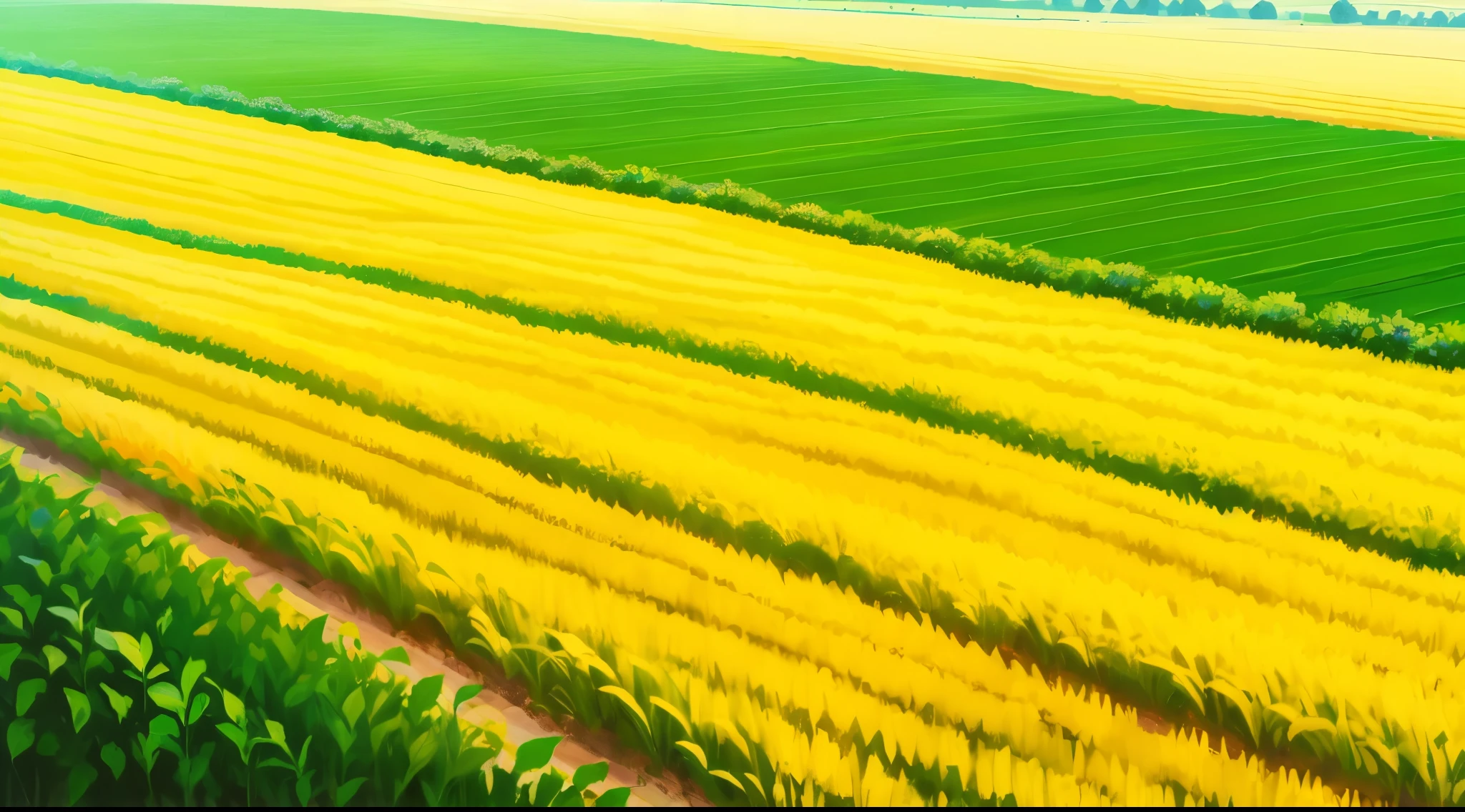 Rich and finely detailed midfield view, Neat rows of crops, Rows of lush crops,