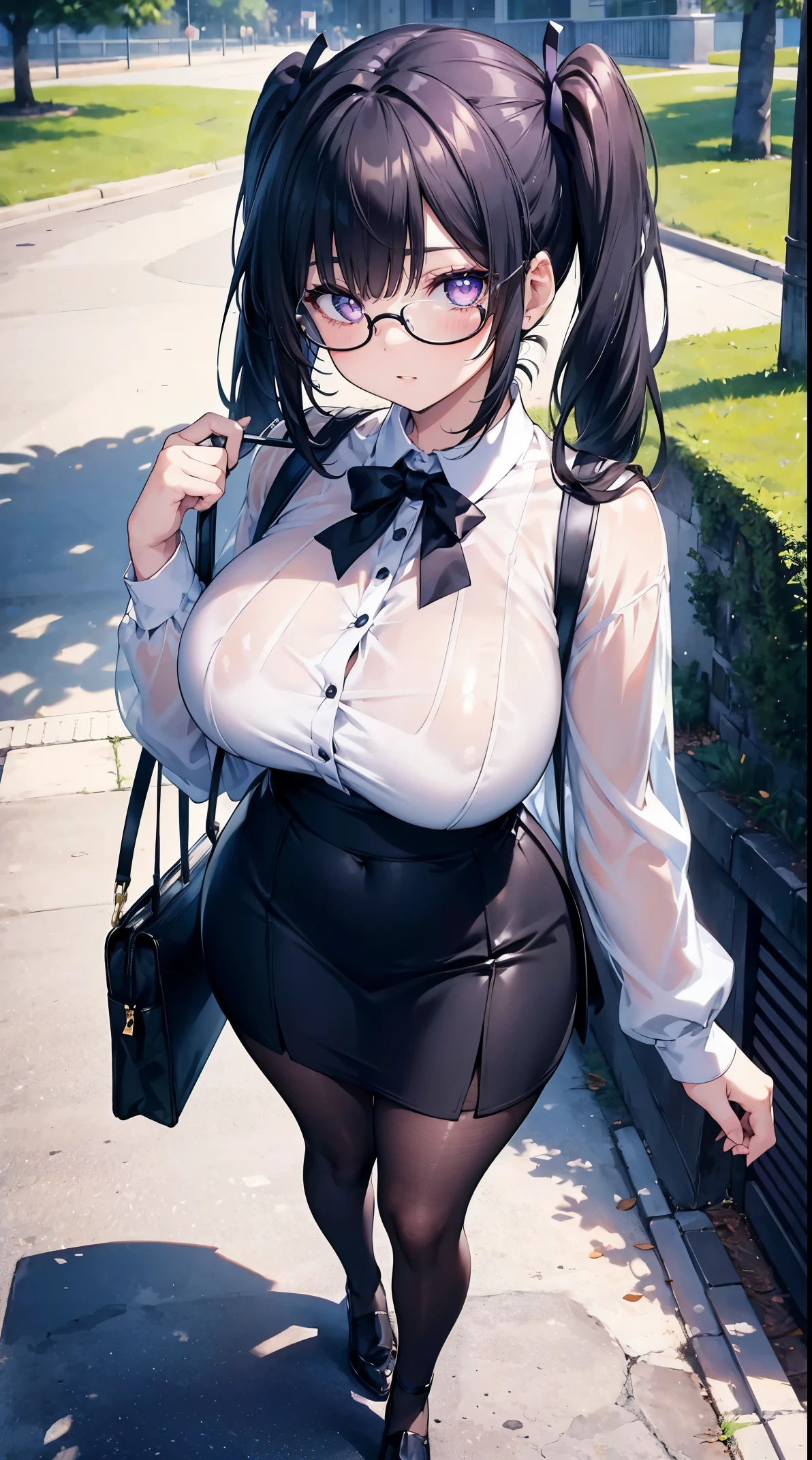 absurd, 8k, high resolution, ultra detailed, wallpaper, perfect lighting, beautiful skin, perfect shadows, beautiful eyes, detailed eyes, detailed face, masterpiece, best quality, detailed clothing, full body, young girl, voluptuous body , face with a very shy and adorable expression, huge breasts, huge thighs, she is wearing a long skirt with a blouse, she is walking in a park, black hair with two pigtails and bangs that cover one eye, purple eyes with heart-shaped pupils, wear glasses