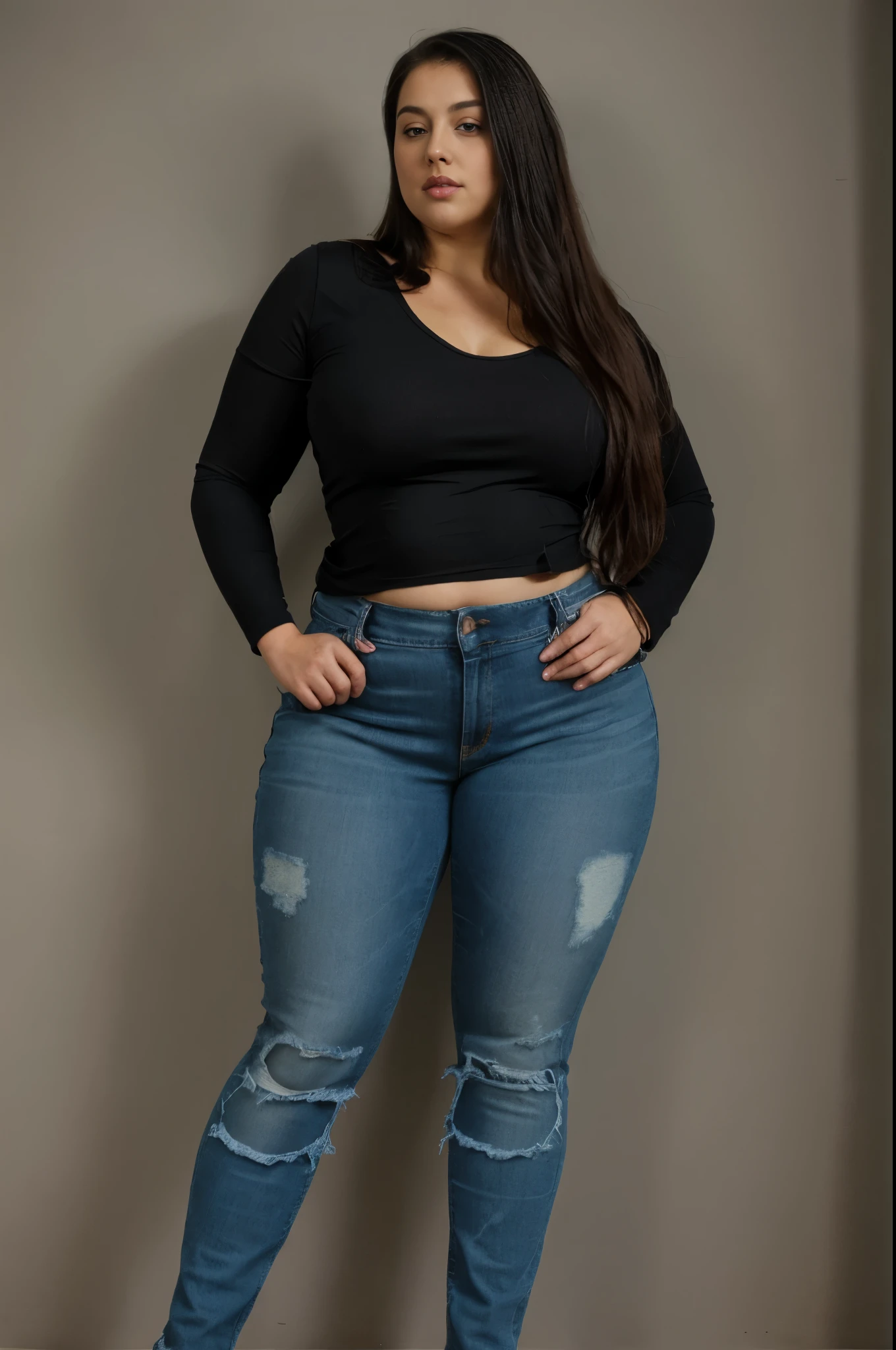 a woman in a black top and blue jeans posing for a picture, skinny waist and thick hips, plus size, beautiful thick female, jeans, blue jeans, jeans and t shirt, casual clothing, plus size woman, wearing tight clothes, she has a jiggly fat round belly, thicc, ripped jeans, curvy hourglass figure, thick thigs