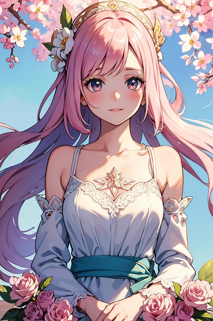 Pale pink color, diagonally above, cute and gentle smile, beautiful girl holding a bouquet of flowers so beautiful that you can't see her hands, beautiful eyes, rich watercolor, colorful, (Delicate details, complex composition: 1.5) (Very Details) Complex configuration: 1.5),