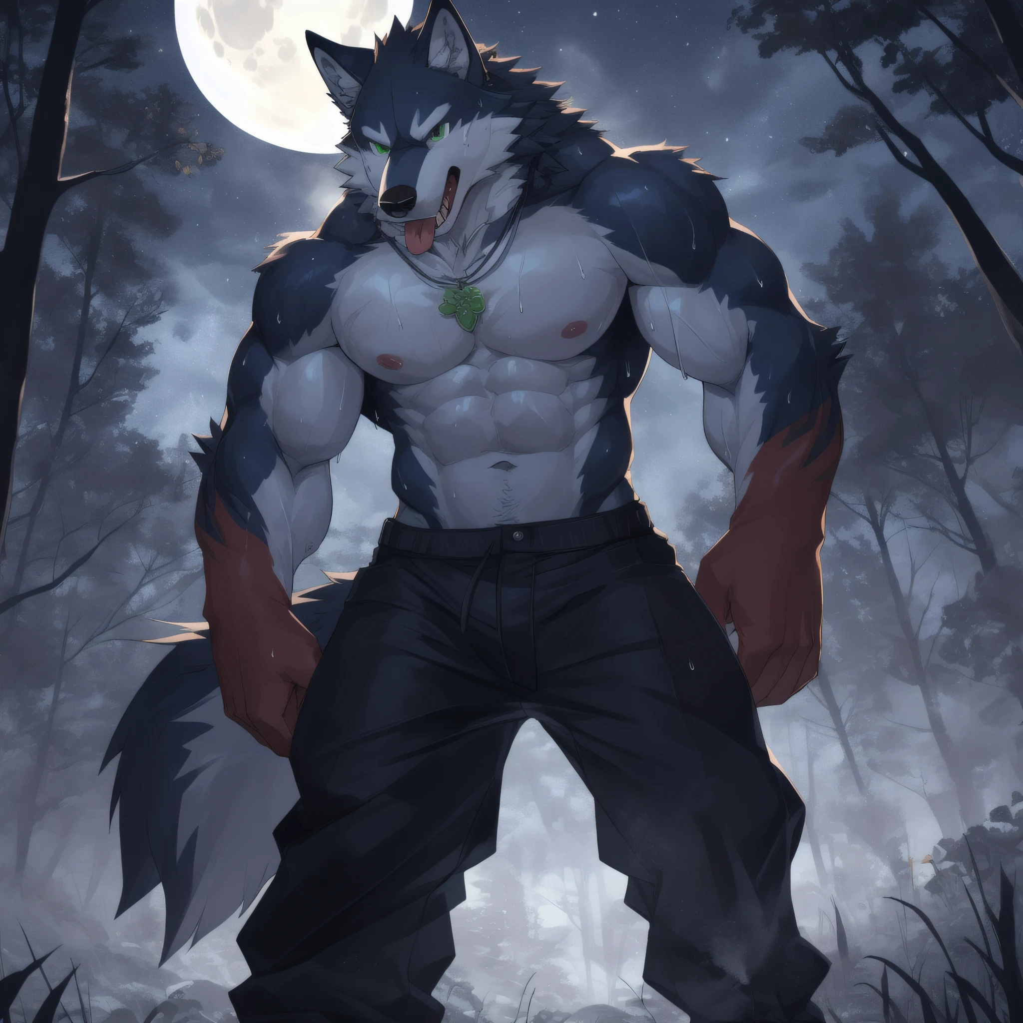 (((indigo furry muscular wolf in long pant, topless))), (musha outfit, shirtless, topless), wearing a green clover shape necklace, resting uner a tree, night forest background, moon, (((Detailed eyes, sharp eyes, green eyes)), white belly, glowing pueple stripes，Sharp claws，Cute beast claws):1.1, pink nipples, ready to fight pose, full body , looking to the view, ((strong body type, muscular)), penis bulge，8k hdr，（Dark shadows，Wide dynamic range，hdr，low-light：1.2, pink nose, 8k hdr, fangs out, ((tongue out,fang out, gasping)), (a long wolf tail, wolf claws, wolf fangs), (sweat: 1.6), clover tattoo on the arms, seduction