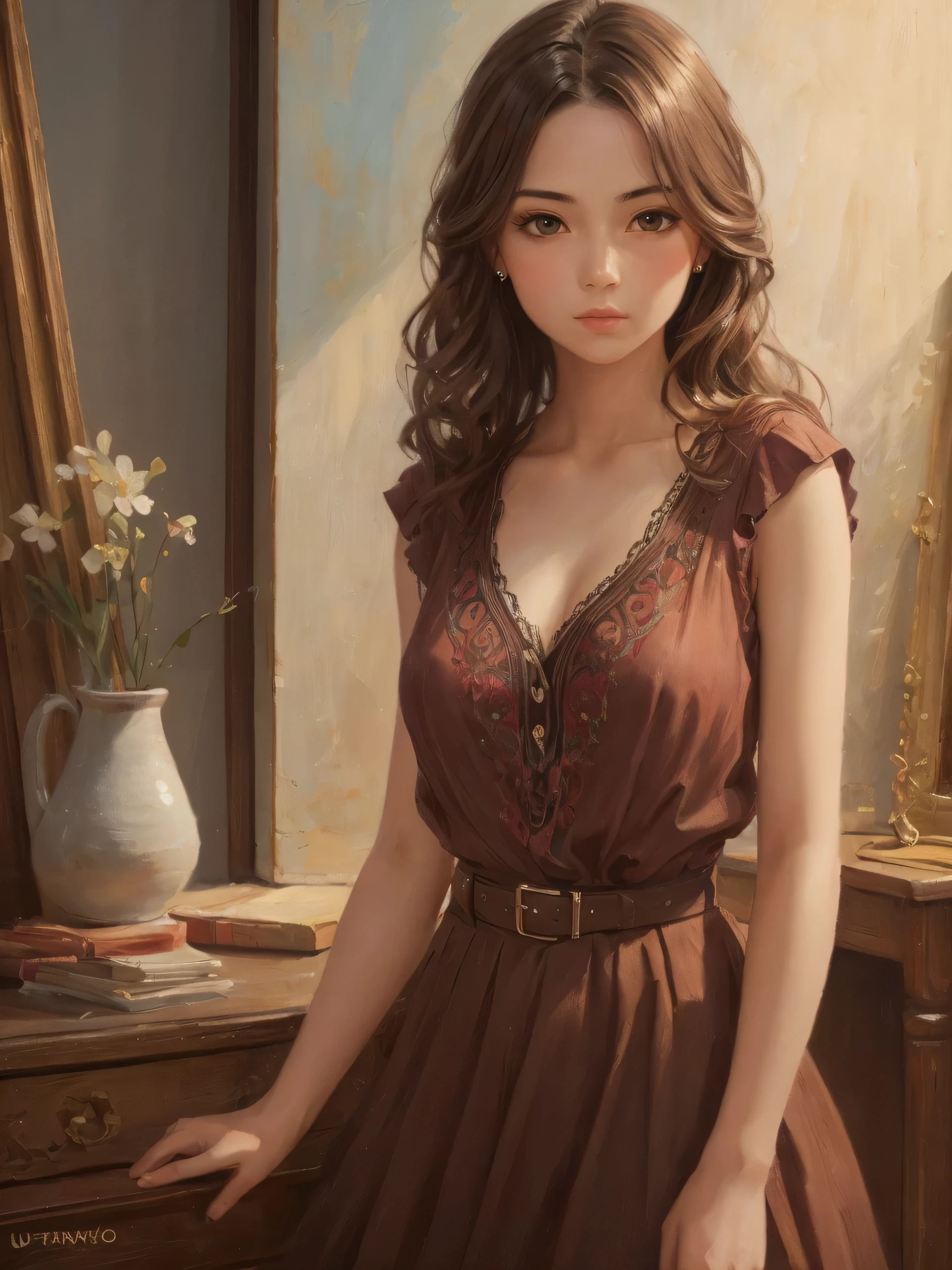 1girl, beautiful teenage girl, very small breasts, short wavy brown hair, portrait, oil painting, modern, realistic proportions, intricate, intricate details, sharp focus, confident expression, brown eyes, wearing summer blouse, 8K, UHD