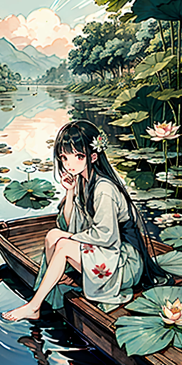 Masterpiece, best quality, official art, 8k wallpaper, very detailed, illustration, night outdoor landscape, moonlight, small building, (1 girl, spread out Hanfu long skirt, sitting on a boat, drunken expression, black hair, long hair, detailed eyeREAK, (background: river full of lotus leaves, lots of lotus leaves: 1.3, many, many withering lotuses: 1.3, clouds in the sky), lots of lotus leaves, lots of lotus flowers, withering lotus flowers
