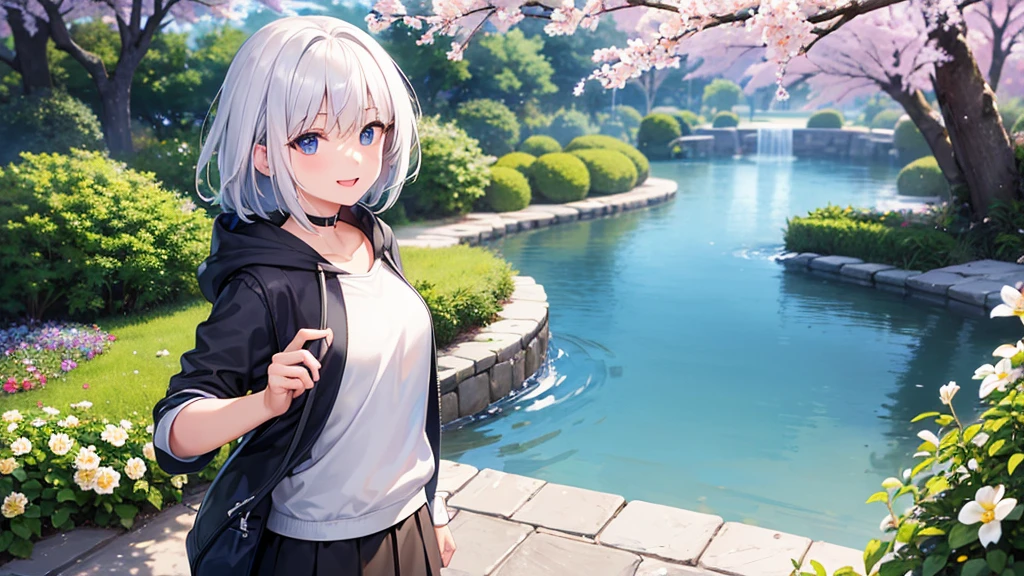 Ultra-high image quality,Look at viewers, hands behind back, girl with, 20 years old, Very short hair, long bangs between eyes, blue eyess,Black eyes, Hoodie, Skirt , Extremely detailed,(masterpiece、top-quality),White hair、A smile、Fantastical, Silver hair,, Hoodie, White hoodie,a black skirt,Hair is short,White jacket, Casual style,Open jacket, Cowboy Shot、Fluttering hair、a small face、Bright smile、(Detailed face) ,profetional lighting,fantastic landscape,Blue sky, Sunlight,look down from above,portraitures、open open mouth、facing front、fountain in the forest、flower field、Upper body only、cherry blossoms falling
