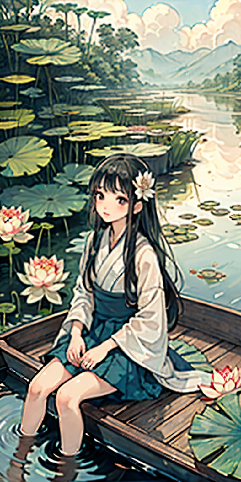 Masterpiece, best quality, official art, 8k wallpaper, very detailed, illustration, night outdoor landscape, moonlight, small building, (1 girl, spread out Hanfu long skirt, sitting on a boat, drunken expression, black hair, long hair, detailed eyeREAK, (background: river full of lotus leaves, lots of lotus leaves: 1.3, many, many withering lotuses: 1.3, clouds in the sky), lots of lotus leaves, lots of lotus flowers, withering lotus flowers