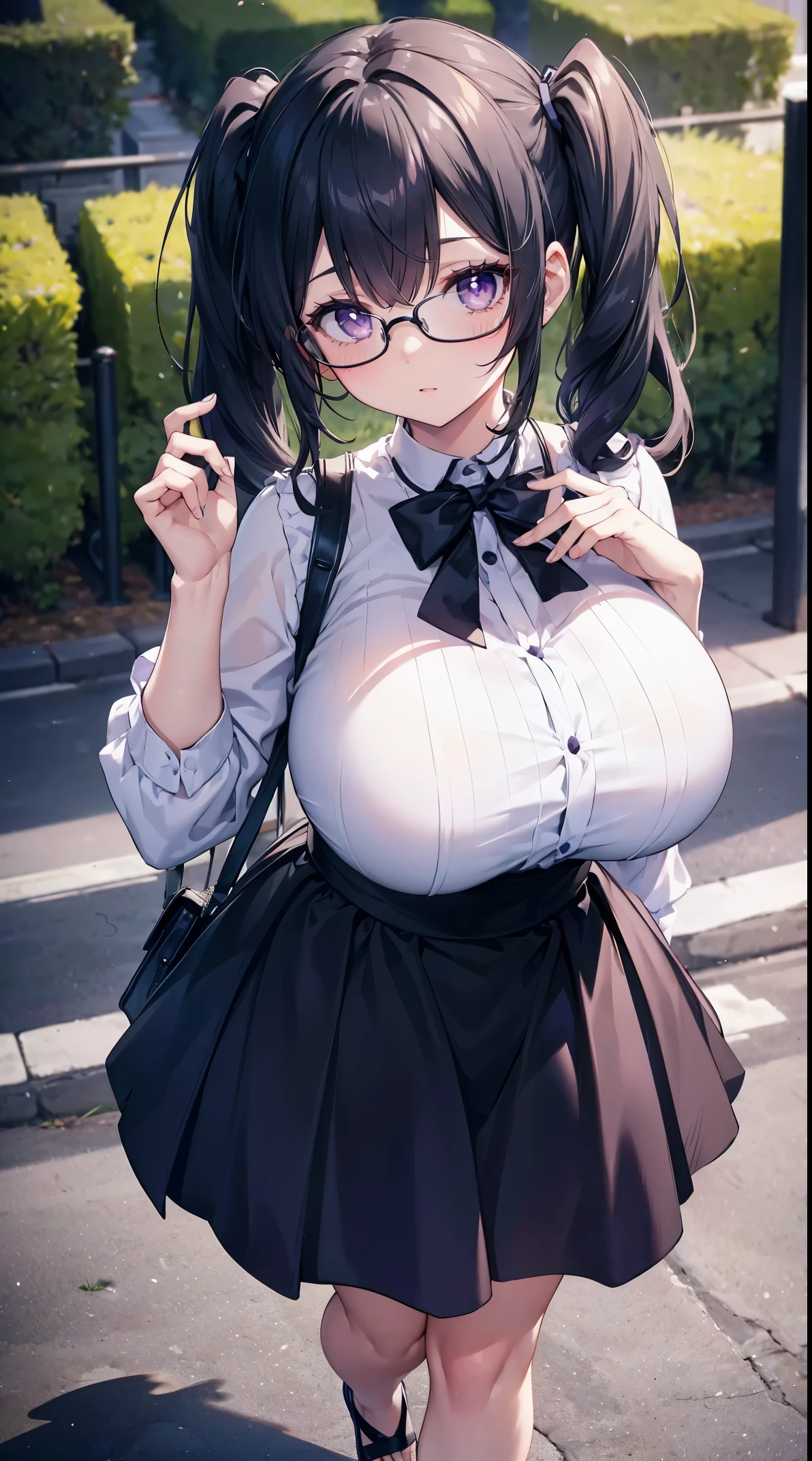 absurd, 8k, high resolution, ultra detailed, wallpaper, perfect lighting, beautiful skin, perfect shadows, beautiful eyes, detailed eyes, detailed face, masterpiece, best quality, detailed clothing, full body, young girl, voluptuous body , face with a very shy and adorable expression, huge breasts, huge thighs, she is wearing a long skirt with a blouse, she is walking in a park, black hair with two pigtails and bangs that cover one eye, purple eyes with heart-shaped pupils, wear glasses