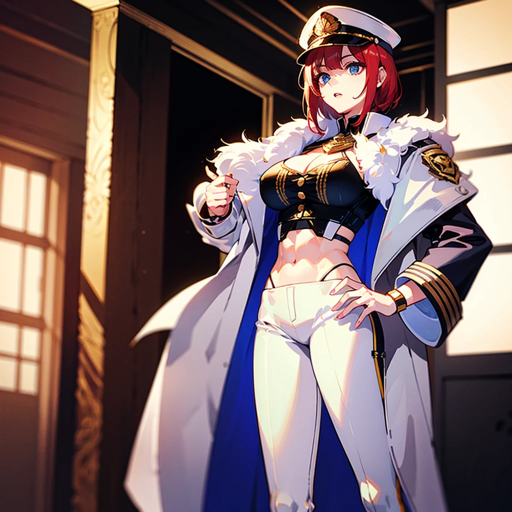 （（（​masterpiece）））、（（（Top image quality）））、（（（top-quality）））、（Illustration of one woman）、30-years old、（Viceroy）、（（Red-haired shorthair））、（Thin hair hanging down both sides of the face）、Blue eyes、（（Tall））、（（Muscle Woman、stocky build、muscular legs、broad shoulders、solid chest））、（（Military uniforms））、（（Military Cap））、（（Military coat））、（white  clothes）、（White pants）、（White cap）、trench coat、（（kosmos船の中））、（Outside the window、kosmos、kosmosから見た地球、kosmos港）