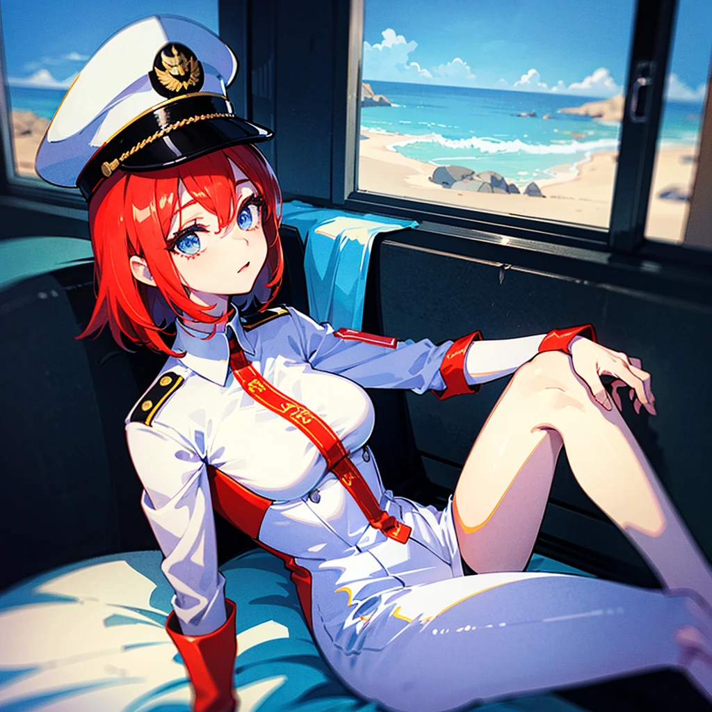 ((Masterpiece)), ((highest image quality)), ((highest image quality)), (illustration of one girl), full body, short red hair, (thin hair hanging down both sides of the face), blue eyes, ((tall)), ((muscular strong body)), (((manspreading)), (military uniform)), ((military hat)), (white clothes), (white pants), (white hat), ((inside a spaceship)), (outside the window, space, Earth seen from space)