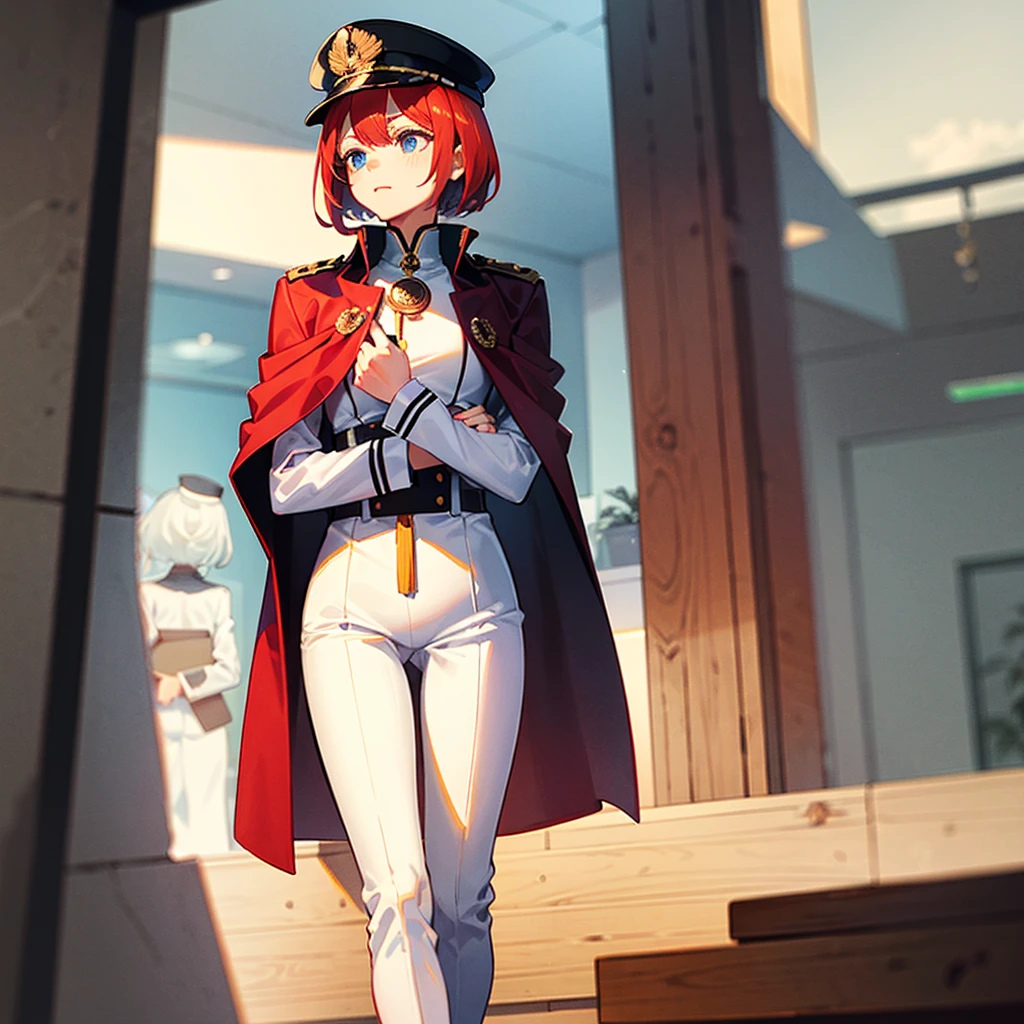 (((masterpiece)))、(((Top image quality)))、(((top-quality)))、(Illustration of one woman)、30-years old、(Viceroy)、((Red-haired shorthair))、(Thin hair hanging down both sides of the face)、Blue eyes、((Tall))、((Muscle Woman、stocky build、muscular legs、broad shoulders、solid chest))、((Military uniforms))、((Military Cap))、((Military coat))、(white clothes)、(White pants)、(White cap)、trench coat、((kosmos船の中))、(Outside the window、kosmos、kosmosから見た地球、kosmos港)