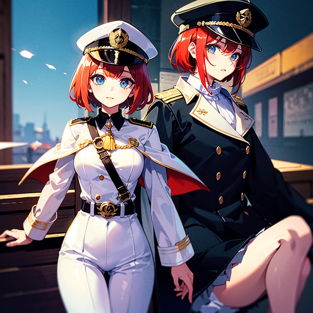 （（（​masterpiece）））、（（（Top image quality）））、（（（top-quality）））、（Illustration of one woman）、30-years old、（Viceroy）、（（Red-haired shorthair））、（Thin hair hanging down both sides of the face）、Blue eyes、（（Tall））、（（Muscle Woman、stocky build、muscular legs、broad shoulders、solid chest））、（（Military uniforms））、（（Military Cap））、（（Military coat））、（white  clothes）、（White pants）、（White cap）、trench coat、（（kosmos船の中））、（Outside the window、kosmos、kosmosから見た地球、kosmos港）