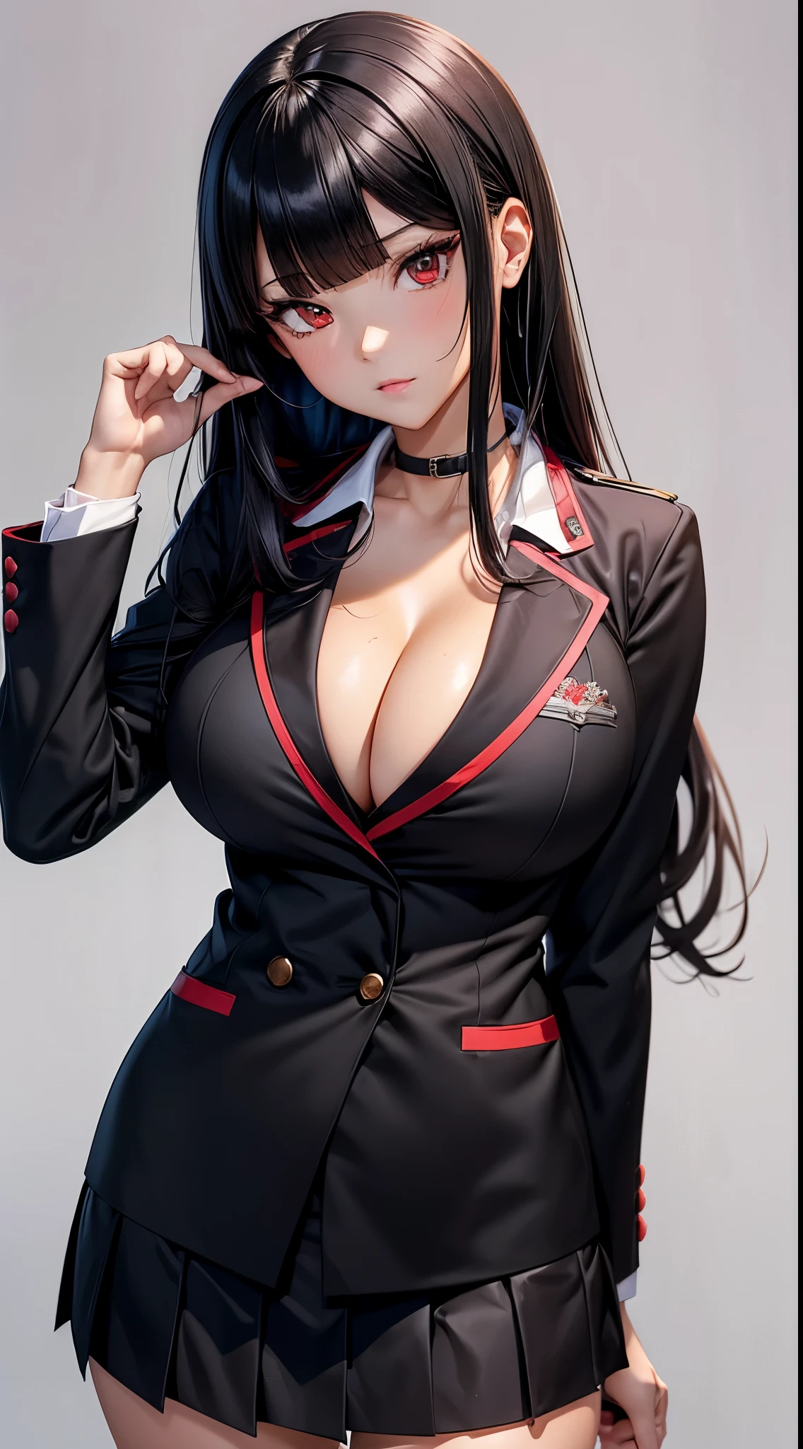 ((Best Quality)), ((masutepiece)), (Detailed), (highlight), Perfect face　Young girl with detailed face showing 、Red eyes and long, thick, glossy, beautiful black hair with blunt bangs、Single-color background、Standing student council president wearing blazer and miniskirt school uniform
