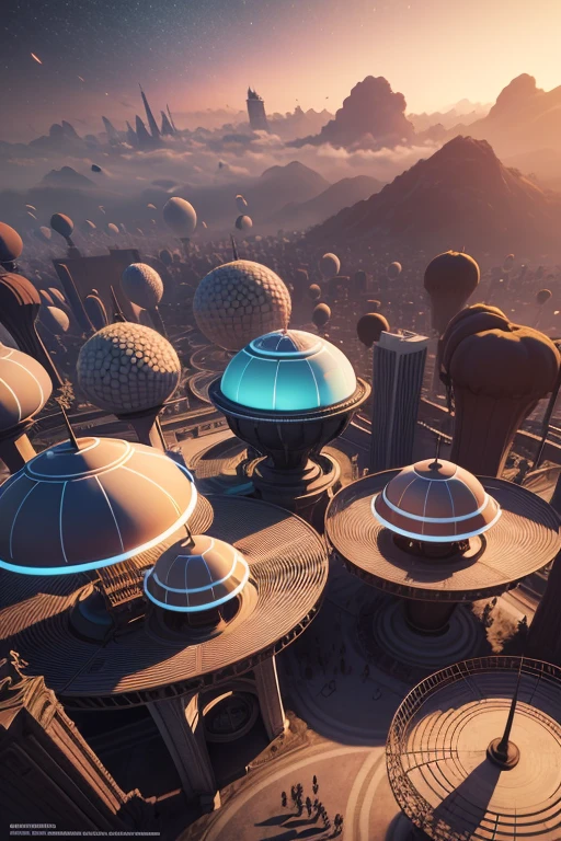 Aerial view shot of an African playground full of playing African children dressed in african designed futuristic clothes, with marks around the face, spaceships flying in the sky, futuristic drones flying in the sky, futuristic swings and trampolines and children games in the scene, bright and vibrant light shining, with iridescent light, scifi art, cinematic lighting, artgerm style, 32k, ultra HD, unreal engine rendered, octane 3d rendering, highly detailed images --auto --s2