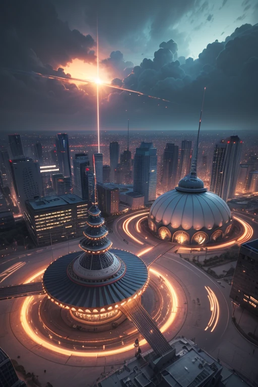 Aerial view shot of an African playground full of playing African children dressed in african designed futuristic clothes, with marks around the face, spaceships flying in the sky,  futuristic drones flying in the sky, futuristic swings and trampolines and children games in the scene, bright and vibrant light shining, with iridescent light, scifi art, cinematic lighting, artgerm style, 32k, ultra HD, unreal engine rendered, octane 3d rendering, highly detailed images --auto --s2