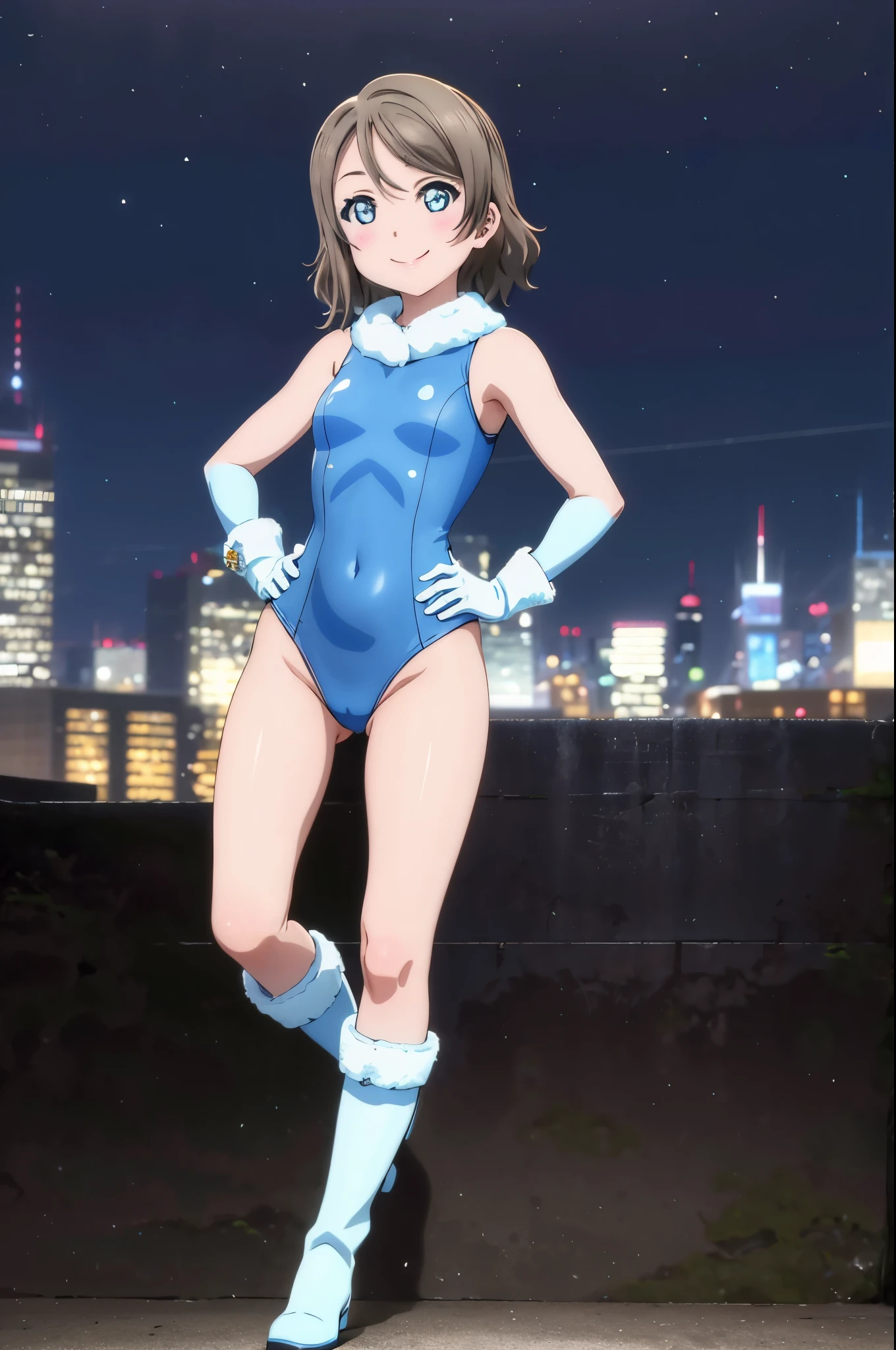 watanabe you, masterpiece, best quality, highres, 1girl, solo, superhero, leotard, bare legs, boots, matching boots, sleeveless, gloves, matching gloves, looking at viewer, city backdrop, blue and white leotard, standing, hands on hip, full body shot, smile, glowing body