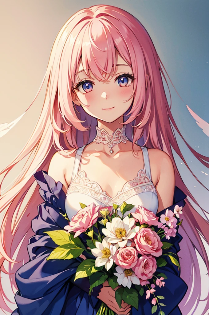 Pale pink color, diagonally above, cute and gentle smile, beautiful girl holding a bouquet of flowers so beautiful that you can't see her hands, beautiful eyes, rich watercolor, colorful, (Delicate details, complex composition: 1.5) (Very Details) Complex configuration: 1.5),