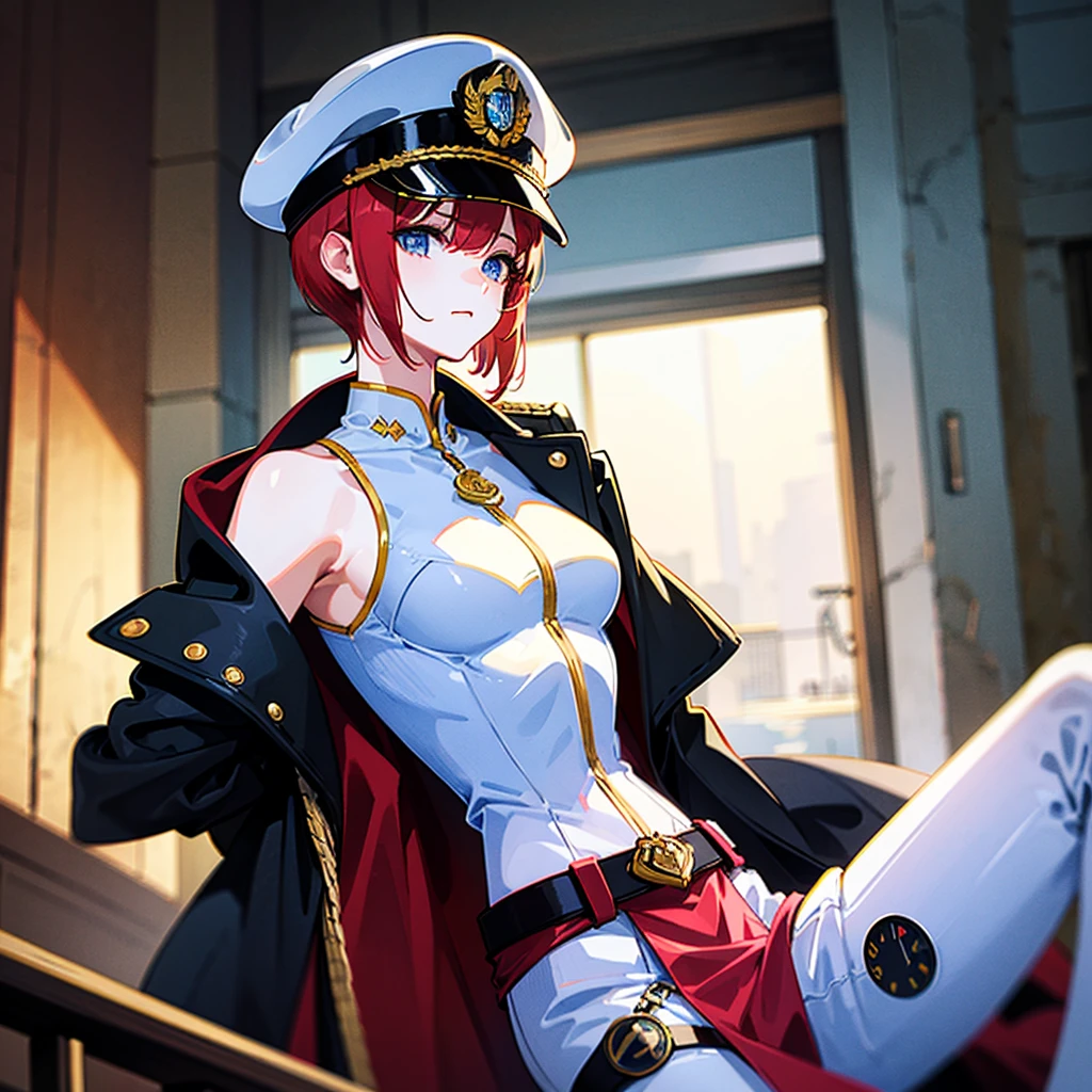 (((masterpiece)))、(((Top image quality)))、(((top-quality)))、(Illustration of one woman)、30-years old、(Viceroy)、((Red-haired shorthair))、(Thin hair hanging down both sides of the face)、Blue eyes、((Tall))、((Muscle Woman、stocky build、muscular legs、broad shoulders、solid chest))、((Military uniforms))、((Military Cap))、((Military coat))、(white clothes)、(White pants)、(White cap)、trench coat、((kosmos船の中))、(Outside the window、kosmos、kosmosから見た地球、kosmos港)